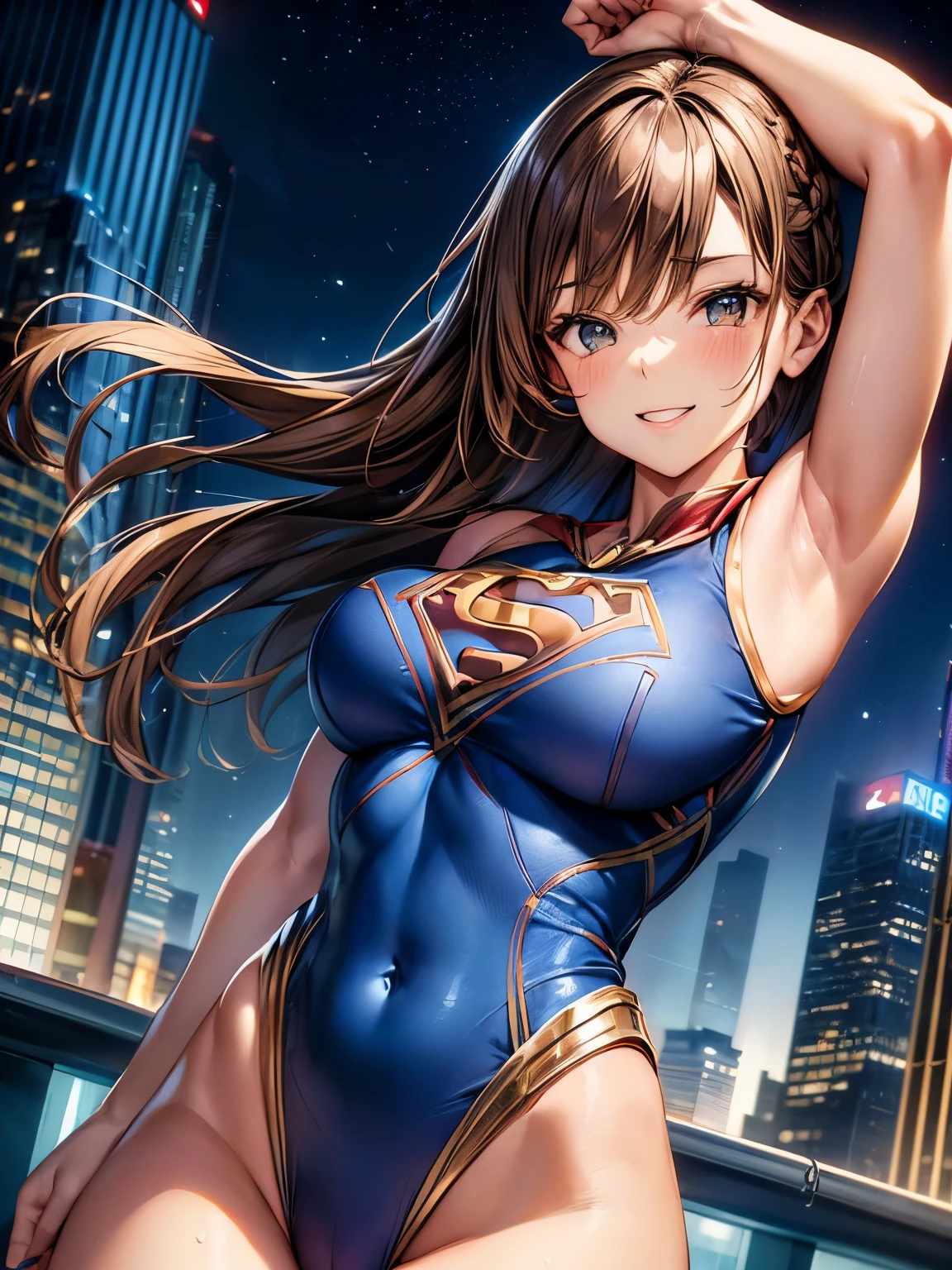 highest quality、complete limbs、Beautiful woman、solo、((brown haired woman:1.4))、((A woman with a tied hairstyle))、big breasted woman、((Woman in Supergirl leotard))、smile、skyscrapers at night、((dancing woman))