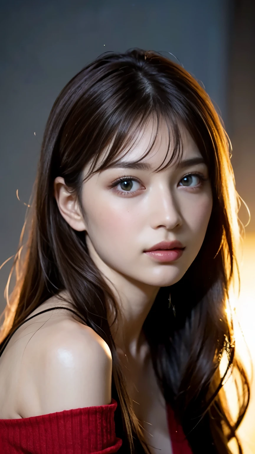 A close up of a woman with long hair wearing a red top - SeaArt AI