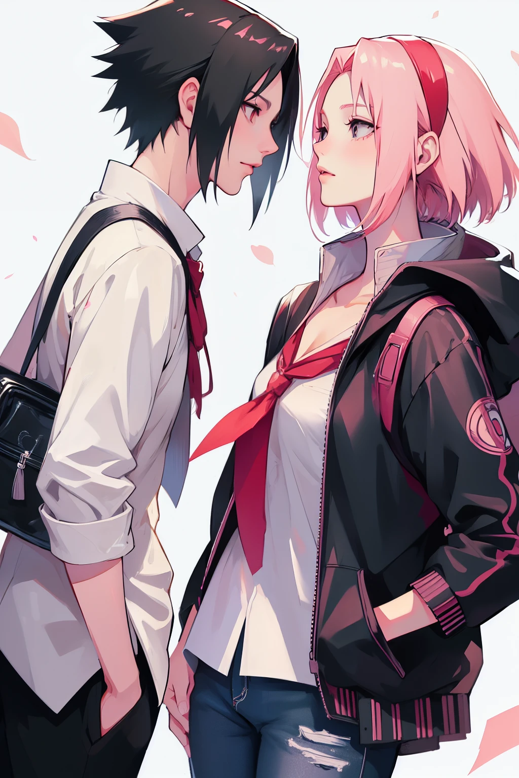 sasusaku. Sasuke Uchiha, a tall man with black hair, wearing a white blouse and jeans, is a high school student, with his hands in his pockets. Sakura, a thin woman with pink hair, she is after Sasuke, she is a rebel. best quality, adorable, ultra-detailed, illustration, complex, detailed, extremely detailed, detailed face, soft light, soft focus, perfect face. In love, illustration. two people, couple