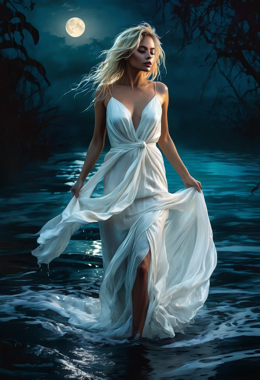 Dark wet ink digital rendering on silk of a stunning exotic blonde woman with tousled hair, wearing a short, flowing white dress, walking through dark water. Dark moon in front, haunting, ghostly light, touches of horror color.
