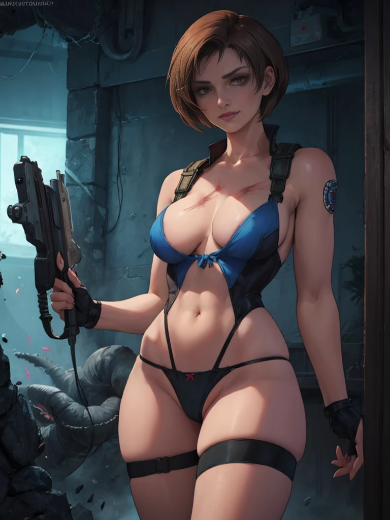 resident evil, jill valentine, monster girl, infected, infected body, infected veins, infection, fusion, zombie girl, nemesis (resident evil),fusion of jill valentine and nemesis (resident evil), nightmare waifu, G virus, virus, infection, symbiote, assimilation, monster girl, alternate form, corrupted, corruption, evil, dark_persona, parasite, parasite on body, parasitic tentacle, tentacle, tentacles, body invasion, veiny breasts, possession, evil grin, evil smile, red eyes, mature_female, hourglass figure 1girls, brown hair, dual wielding, tactical_gear, bondage gear, bondage harness, corset, bondage outfit, fishnet legwear, fishnet pantyhose, fishnet stockings, fishnets, fit female, g-string, panties, tentacles body invasion, pistol, short hair, thick thighs, thighhighs, thong, thong panties, thong underwear, underwear, older_female, garter belt, full body, harness, holster, holding gun, looking at viewer Full HD, 4K.