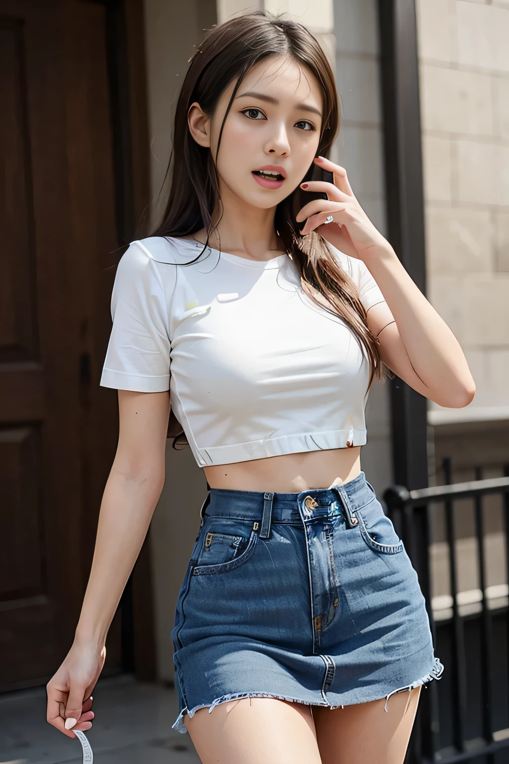 alone、((straight long hair:1.4))、((black hair:1.4))、Ｔshirt、((Denim miniskirt that emphasizes the thighs))、((Denim miniskirt that emphasizes the thighsを穿いている:1.4))、((cowboy shot:1.4))、((white short sleeve tee shirt:1.4))、Long white T-shirt,denim skirt,black eye,Tshirt,short sleeve,1 girl,sexy pose,highest quality,masterpiece,figure,very delicate and beautiful,cg,unity,8k wallpaper,wonderful,finely,masterpiece,official art,very detailed cg unity 8k wallpaper,incredibly absurd,huge file size,Super detailed,High resolution,very detailed,beautiful detailed girl,realistic,full frontal,outdoor,contrast of light、((Expression of fear 1.4))、((making a call on a smartphone:1.7))、