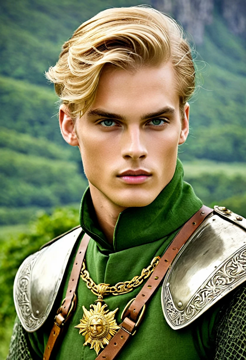 Neels Visser is a prince who has golden blonde hair, usa uma roupa militar medieval verde musgo, olhando para frente com um olhar penetrante verde esmeralda. corpo todo, arte de Greg Rutkowski