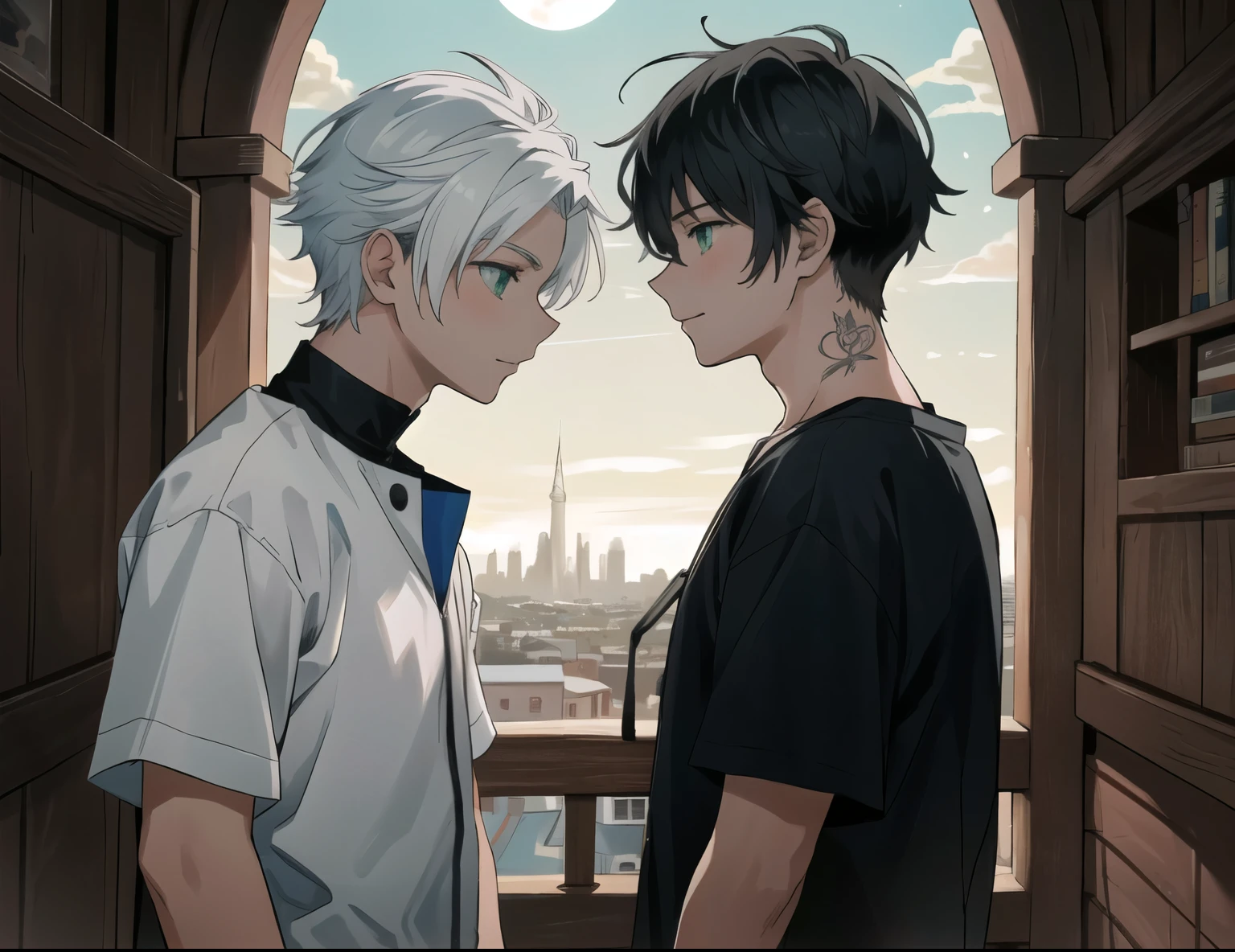 there are two 8 year old children, There is a boy with white hair and green eyes with a moon tattooed on his neck... Se sorprende al ver al otro chico.'la cara., de fondo se ve una hermos ciudad arabe