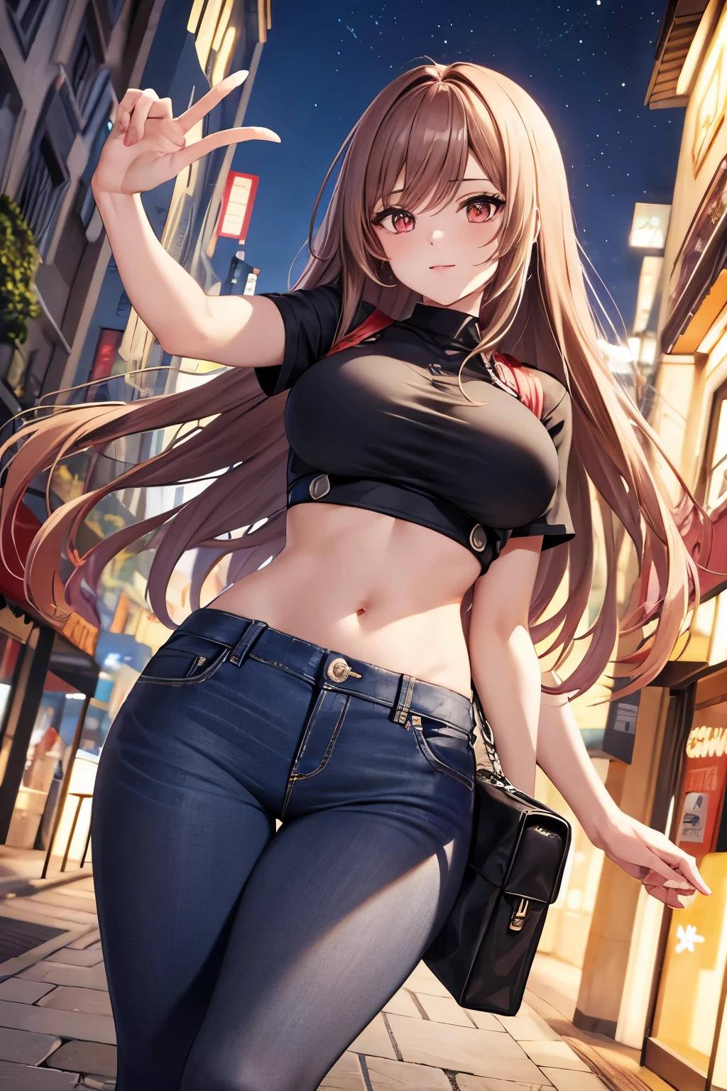 Game , goddess of victory nikke, Rapi , light brown hair,  alluring eyes ,beautiful face , crystal red eyes ,  long hair , women black colour short sleeve cropped top , jeans trousers, leggings,selfie wind, 1 hand bag, cheerful eyes, ,g cup breast, slender waist, bewitching thighs, five fingers each hand, two hand ,two leg , in town, date, standing, beautiful, high heels, night ,light district 