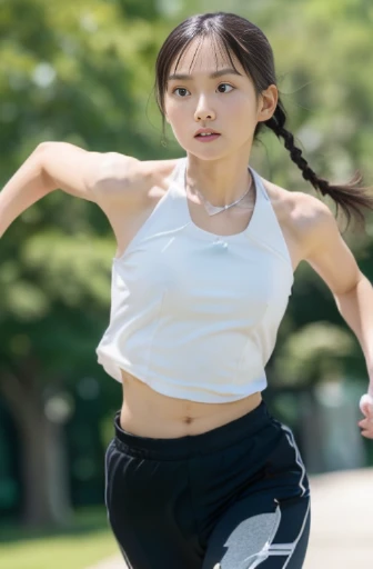 (masterpiece, highest quality:1.4), Award-winning portraits, 8k, 85mm, alone, Beautiful Face, Delicate girl,  (On the grass), Sophisticated, cute, , RAW Photos, Confused, High resolution, Sharp focus, Background blur、(((Flat  、thin and delicate body、Childish atmosphere)))、shiny semi-long hair、ponytail、Small mole on the left cheek、 Dark brown eyes、Hair swaying in the wind、sexy、Flexible legs、Simple gym clothes without text、Run、Jump