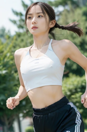 best quality, detailed, beautiful, insanely detailed, absurdres,perfect anatomy,
Japanese woman,black hair,27 years old,
(slender),
(small breasts),
(full body shot:1.1), park, serious look, single braid, (running pants), (white halter top), (running at full speed:1.2), (angle from below:1.3)