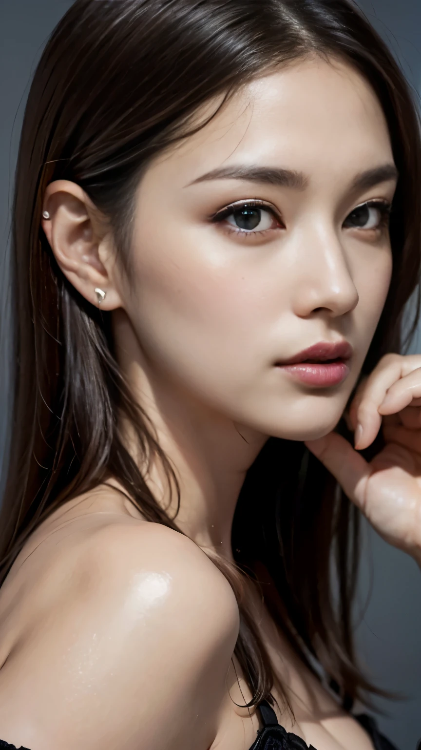 highest quality, 4k, High resolution, masterpiece:1.2, Super detailed, (realistic, realistic, realistic:1.37), lively, red and blue eyes，strong gaze，Seductive eye contact，fiery red iris，star shining in deep blue，Shining eyes，Bright colors，portrait，fantasy art，magical red light，mysterious beauty，Red color palette，black long hair，sweater，cowboy shot，off shoulder