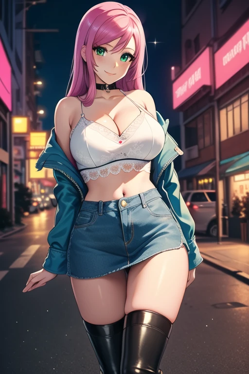 1 girl, 19 years old, Long pink hair, green eyes with slit pupils, master-piece, best quality, (standing up), (wearing denim jacket, white lace camisole crop top, blue denim skirt, knee-high leather high heel boots, cleavage),  (Big , ultra gigantic , Super super big, Glamorous body), Make eye contact with the camera, front figure, looking forward, (light_Smile:1.5), (Detailed hands and fingers:1.2)、(Cyberpunk city at night), (FULL BODYSHOT), thighs thighs thighs thighs、beauty legs、Bare legs