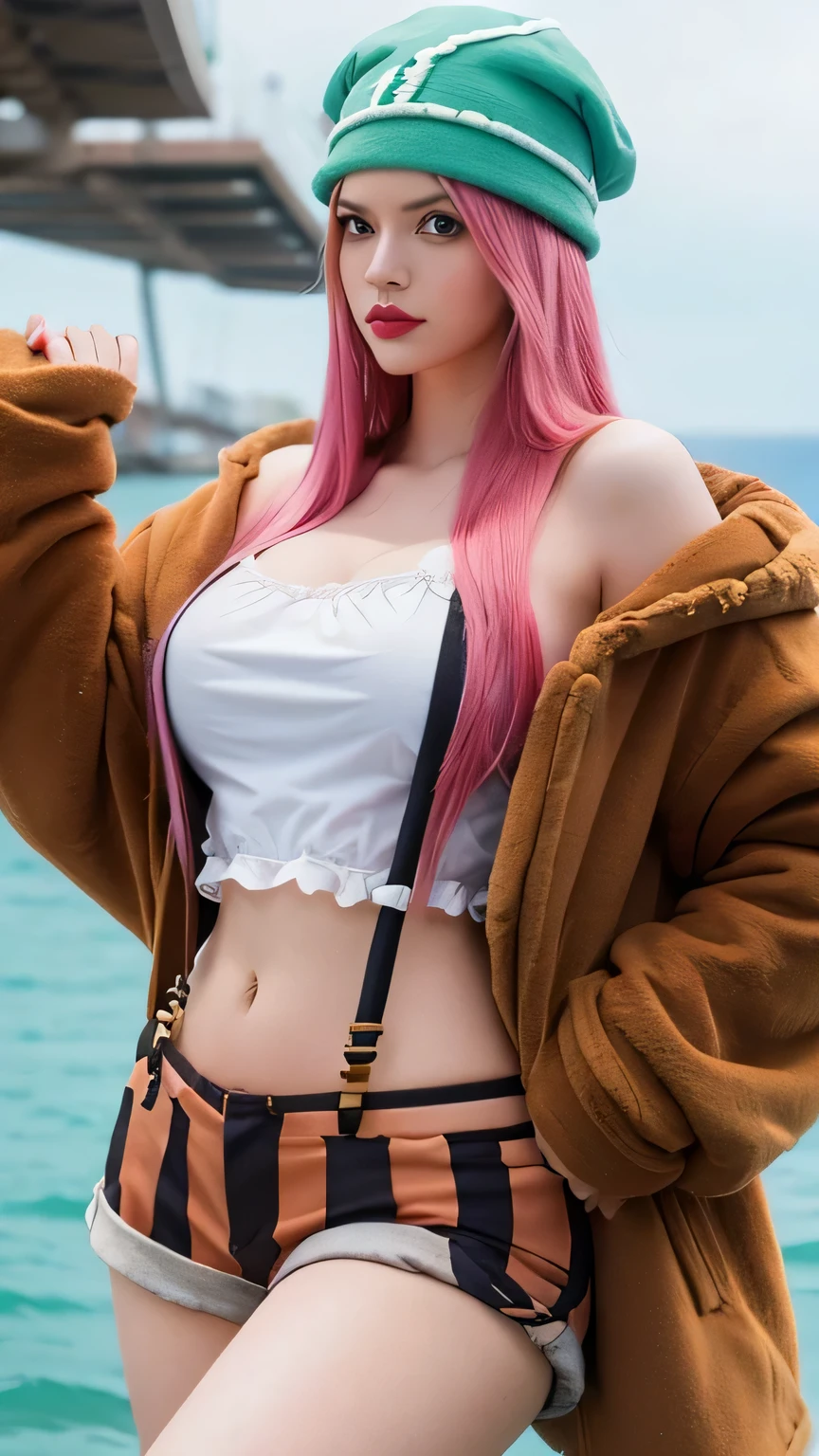 1girl, jewelry bonney in anime one piece, long hair, pink hair, green eyes, beautifull, white clothes, crop top, green pirate hat, open brown jacket, stripe black brown short pant, suspender pant, big breast, cleavage, showing shoulders, (hands on hips posing), sea background, ultra detail, realistic, red lips, sexy posing, arms up
