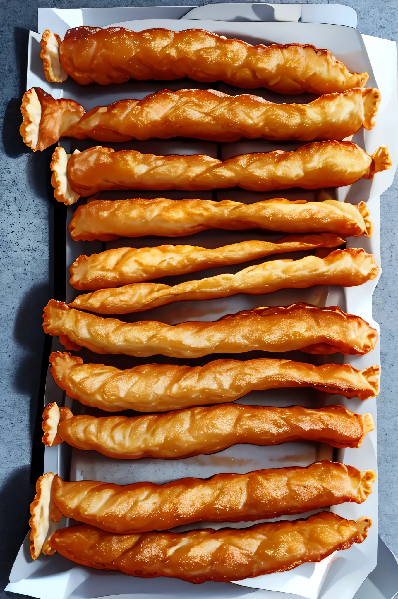 a fried pastry, in a rectangular shape. Its crispy and light texture is a striking feature.
