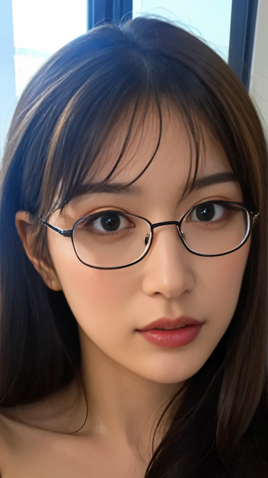 highest quality, 4k, High resolution, masterpiece:1.2, Super detailed, (realistic, realistic, realistic:1.37), lively, red and blue eyes,strong gaze,Seductive eye contact,fiery red iris,star shining in deep blue,Shining eyes,Bright colors,portrait,magical red light,mysterious beauty,Red color palette,black long hair,sweater,cowboy shot,off shoulder,glasses