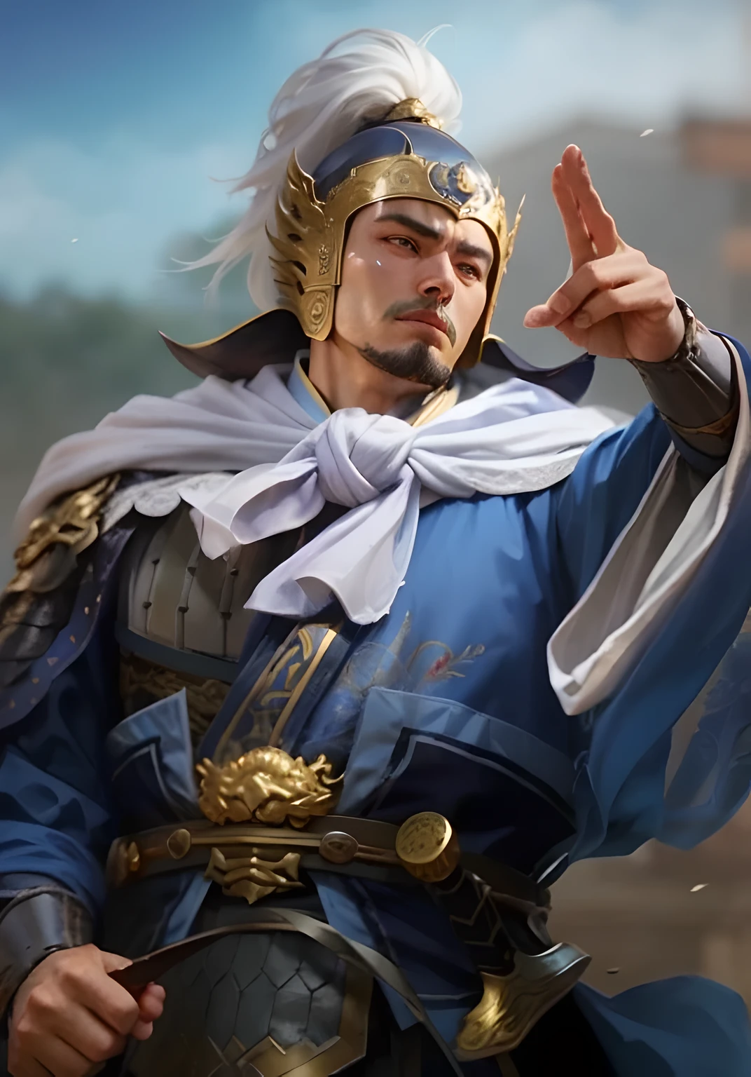One wearing a blue robe、Arafad image of man wearing golden helmet, Inspired by Hu Zaobin, Inspired by Li Kan, Inspired by Cao Zhibai, zhao yun, bian lian, Inspired by Guo Chun, Inspired by Wu Bin, Inspired by Huang Shen, Inspired by Fan Kuan, xianxia hero, feng shu,red,black