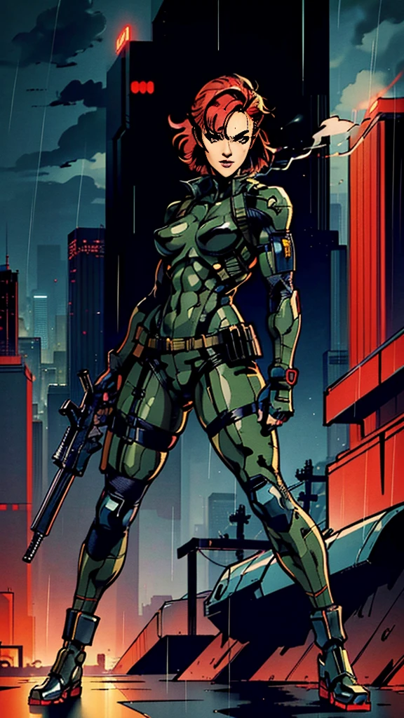 (masterpiece), best quality, expressive eymasterpiece, high-detail, sketch, dino crisis, [solo female], (aim pose, fight with raptor, holding mp5, holding weapons), black bodysuit, gray fabric layer under bodysuit, 30 year, bare shoulders, tactical fingerless glove, best quality, masterpiece, best quality, finely detail, beautiful detailed eyes, ultra detailed, extremely beautiful CG, super detailed skin, best quality, intricate, {{high quality}}, extra colors, 2D, megapixel, perfectionism, accent lighting, full HD, 4K, sukeban, sukeban deka, delinquent,) (1girl, full body, 1girl, solo female, mature female, full body, contrapposto, big boss metal gear, the boss metal gear, Escape from New York, akira, blade runner, die hard, metal gear solid v, snake plissken, rex power colt, Far Cry 3 Blood Dragon,) ( collarbone, red hair, red eyes, short hair, weird red hair, short red hair, evil smile, small_breasts, best quality, beautifully detailed face, ray tracing, DOF,HDR, smoking) (fingerless_gloves,  fully clothed, gloves, cigarette, jacket, eyepatch on one eyes, eyepatch on the left eyes, tactical gear, tactical uniform, camouflage bodysuit, sneaking_suit) gainax anime style, studio gainax art, studio gainax illustration,inspired by Masamune Shirow, studio gainax, by Masamune Shirow, beautiful charcter from evangelion (outdoors, (night:1.1), military base background, radio tower background, science fiction background, futuristque background , outdoor, akira city sky line background, official art, raining, rain, storm, science fiction military base background), perfect face, 