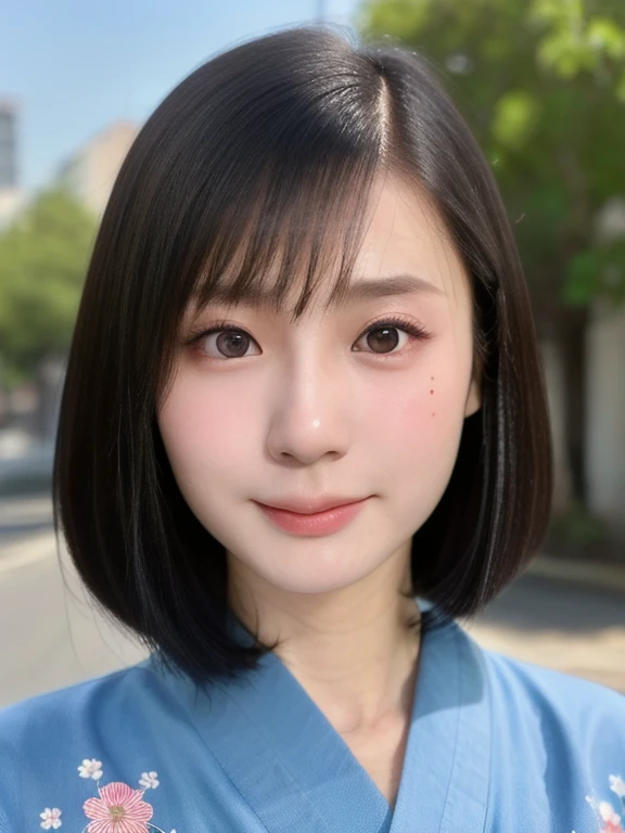 (kawaii 24 year-old Japanese girl, Nogizaka idol, Korean idol), (glossy black hair, medium bob cut:1.3), (extra rounded face, forehead, single eyelid, no makeup, soft smiling:1.2), (wearing light blue Kimono, Japanese traditional cloth, cute floral patterned:1.3), well shaped extra small breasts, (looking at viewer:1.2), BREAK, (simple outdoor background:1.2), (portrait, id photo, view from straight forward:1.3), BREAK, (masterpiece, best quality, photo realistic, official art:1.4), (UHD, 8K quality wallpaper, high resolution, raw photo, film grain:1.2), (shiny skin), professional lighting, physically based rendering, award winning, (perfect anatomy, highly detailed skin, extremely detailed face and eyes, well drawn glittering pupils), Carl Zeiss 85 mm F/1.4, depth of field, 1girl, solo,