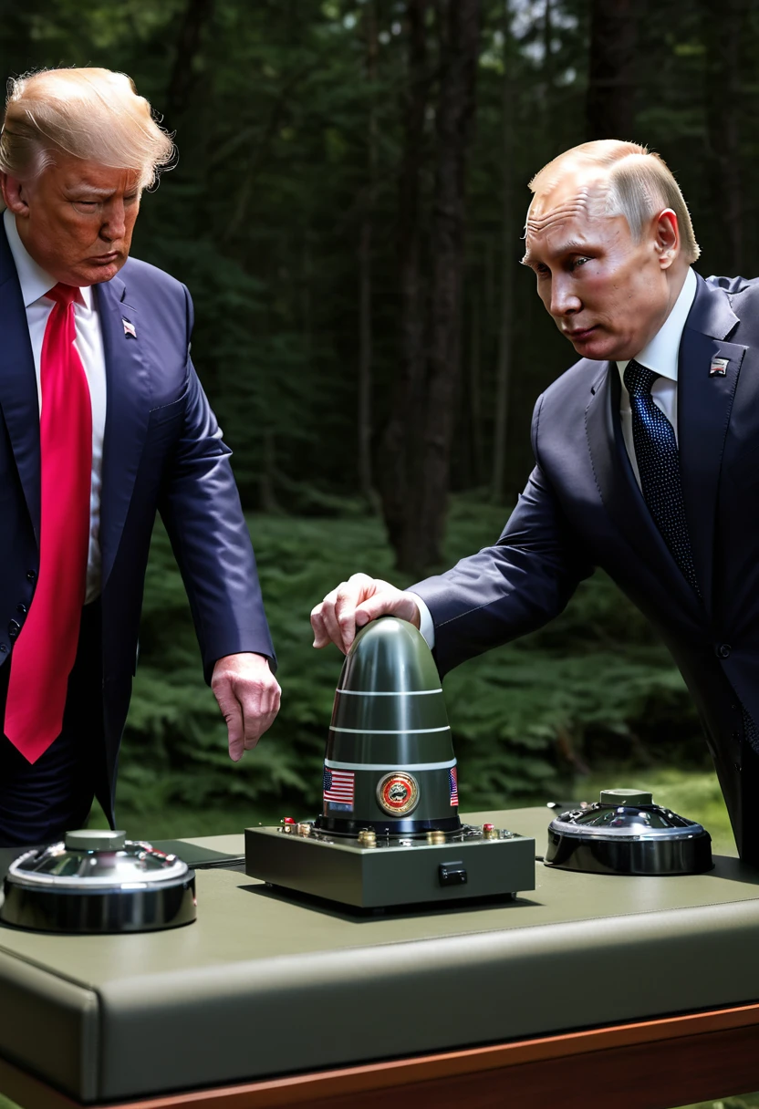 Donald Trump pressing the nuclear warhead launch button with Vladimir Putin by his side,