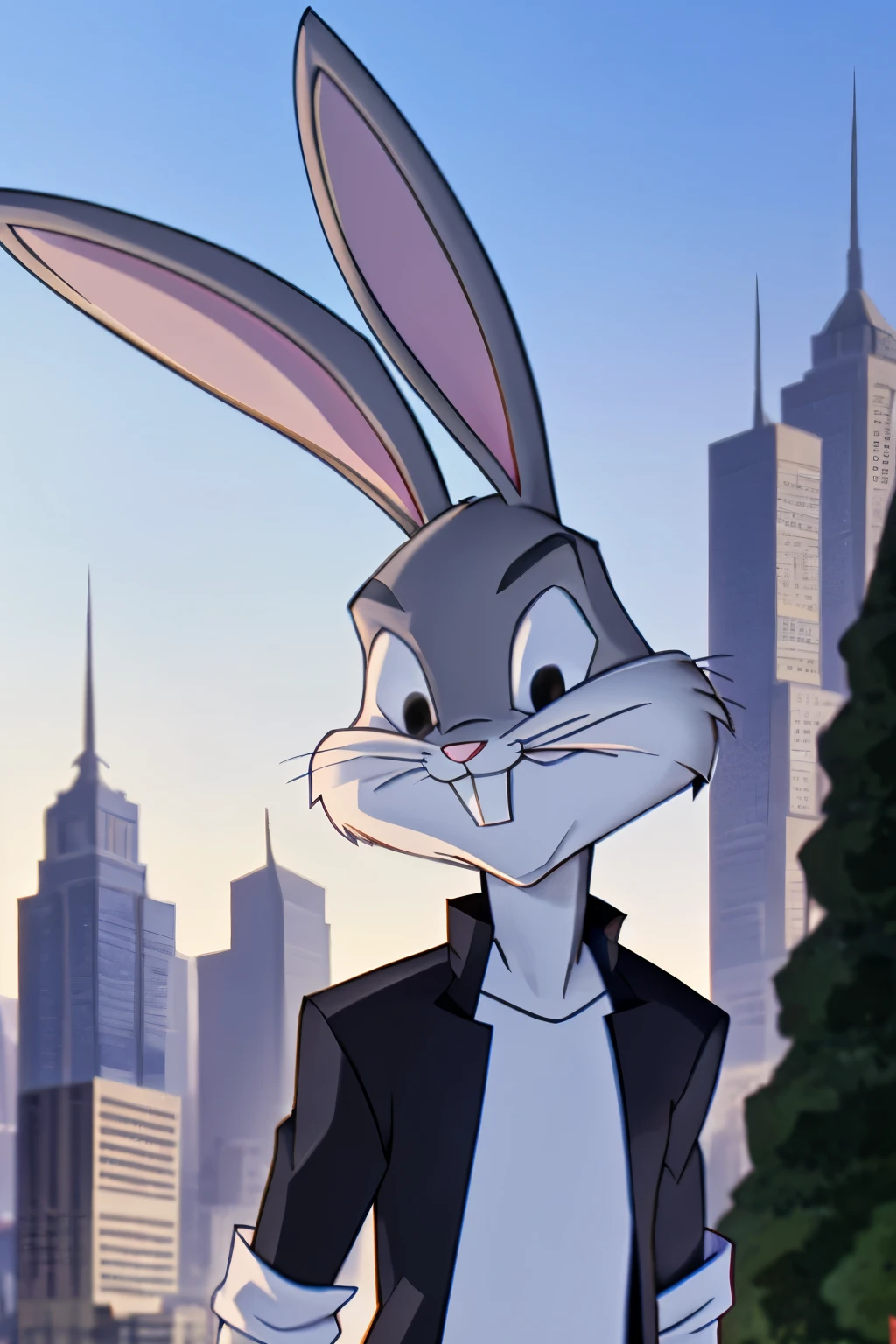 gloves, male, solo, bugs bunny, rabbit, buckteeth, city, long ears, grey body, grey fur, white fur,furry,anime style, anime screencap,  2000s_\(style\) , grin, forest, upper body, short-sleeved jacket with white lining,