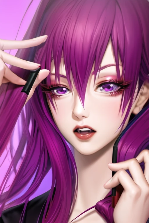 purple haired girl with purple hair and red eyes holding a purple brush, red and purple coloring, some red and purple, realistic anime artstyle, red and purple, purple and red, with vivid purple eyes, anime styled digital art, semirealistic anime style, anime style digital art, anime digital art, made with anime painter studio, advanced anime digital art