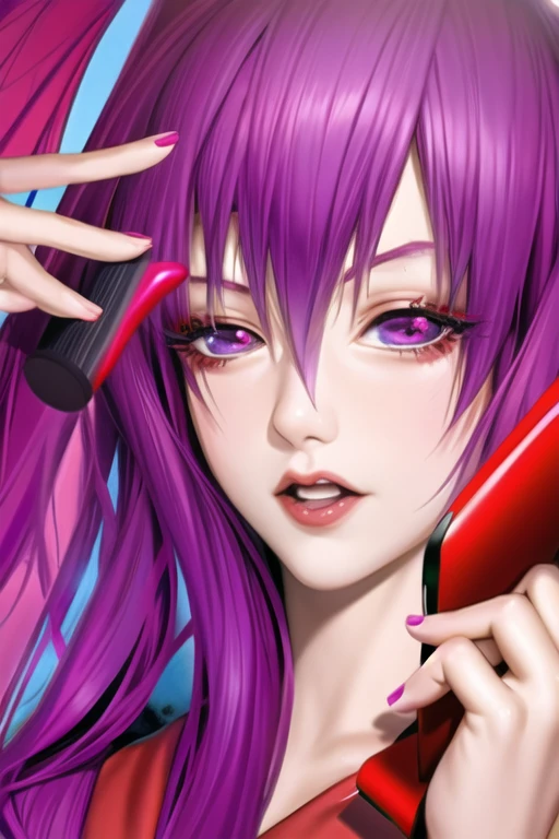 purple haired girl with purple hair and red eyes holding a purple brush, red and purple coloring, some red and purple, realistic anime artstyle, red and purple, purple and red, with vivid purple eyes, anime styled digital art, semirealistic anime style, anime style digital art, anime digital art, made with anime painter studio, advanced anime digital art