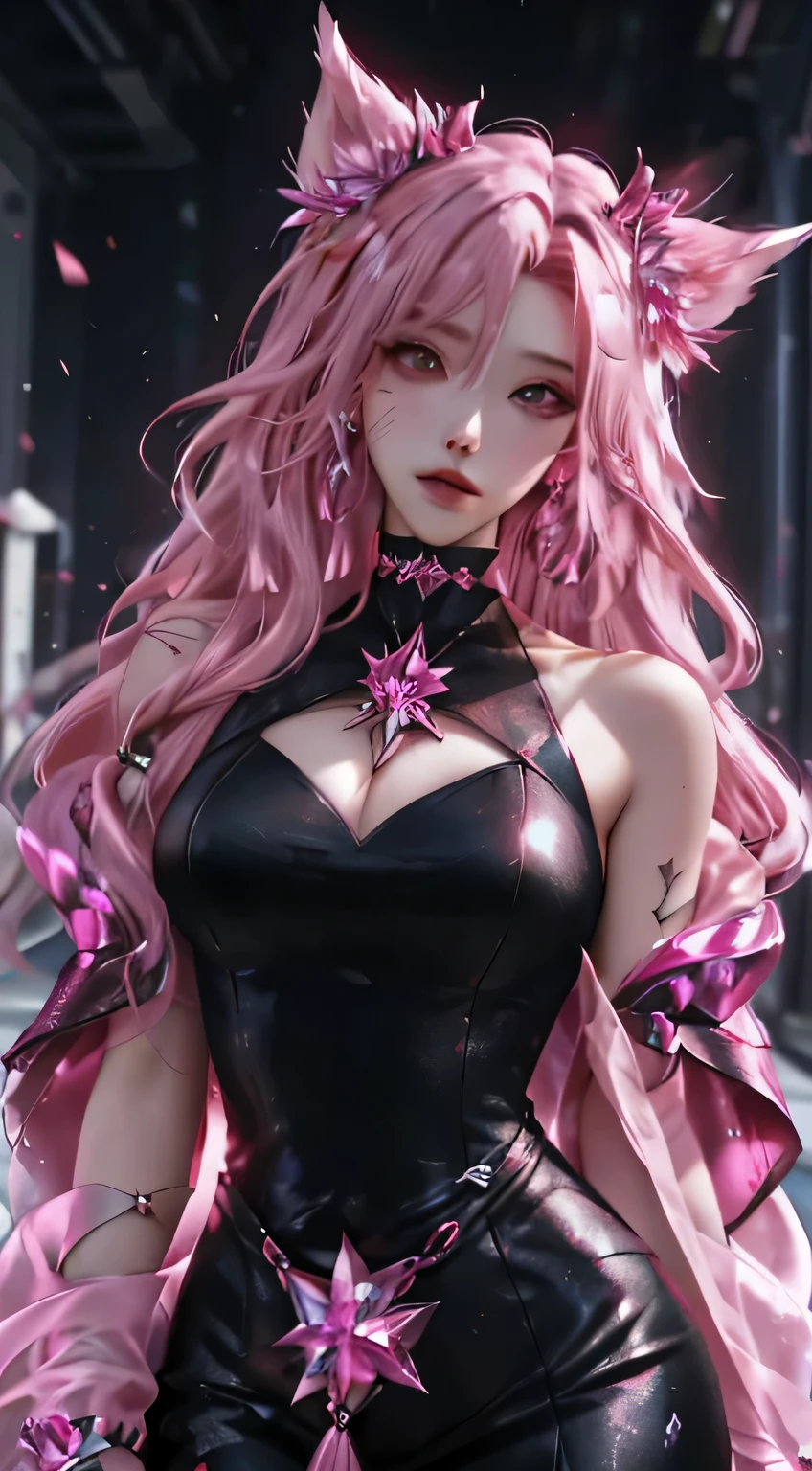 ultra high definition, 8K quality, a girl, Long pink hair, Pink dark blur dress, delicate eyes, Unreal Engine 5,Tear mole at the corner of the eye，Beautiful blackening，Confuse all living beings，Tempting，vixen