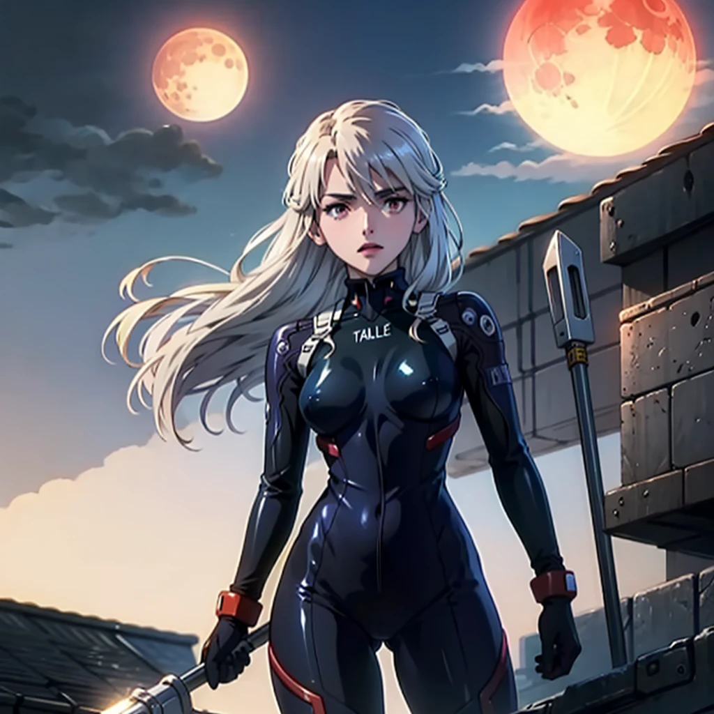  illyasviel_von_einzbern in the style of evangelion, shiny_skin, (clothe inspired by evangelion, aliens, gunbuster, gunnm, metal gear, death stranding), impossible_clothes, bodysuit, white_bodysuit, suit, pilot suit, jumpsuit, plugsuit, armor, shiny_clothes, jacket, cybernetics suit, gloves, gainax anime style, studio gainax art, studio gainax illustration, inspired by Masamune Shirow, studio gainax, big breasts, two_side_up, full body, can't be this cute, girl on top, long_hair, white_hair, silver_hair, floating_hair, hair_between_eyes, asymmetrical hair, red_eyes, looking_at_viewer, outdoors, holding, holding_weapon, Spear of Longinus, cowboy_shot, background, glowing, moon, red, red moon, full_moon, moonlight, star_(sky), night, city, building, cityscape, manga, science_fiction, ((mature female, mature, milf)), 