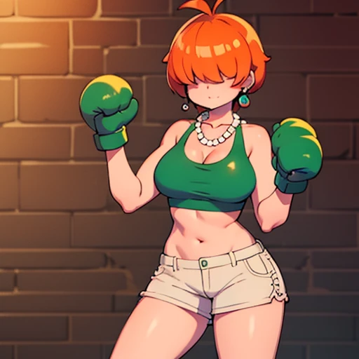 High quality,orange hair,short hair, fluffy hair,breasts,Curvy legs,Earrings,Green gym bra,shorts,red boxing gloves,pearl Necklace,side brick walls