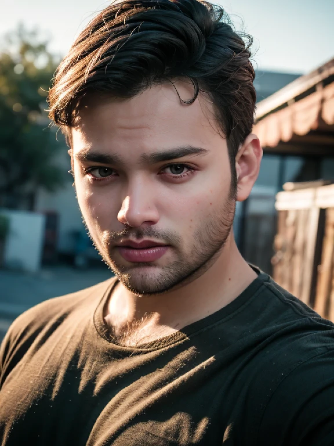 A beautiful young bearded man with highly detailed skin looking at the camera,8k,high res, soft light,no contrast,ultra realistic, photorealism.((real life photo,realistic:1.9, short beard:1)), HDR, emotions joy