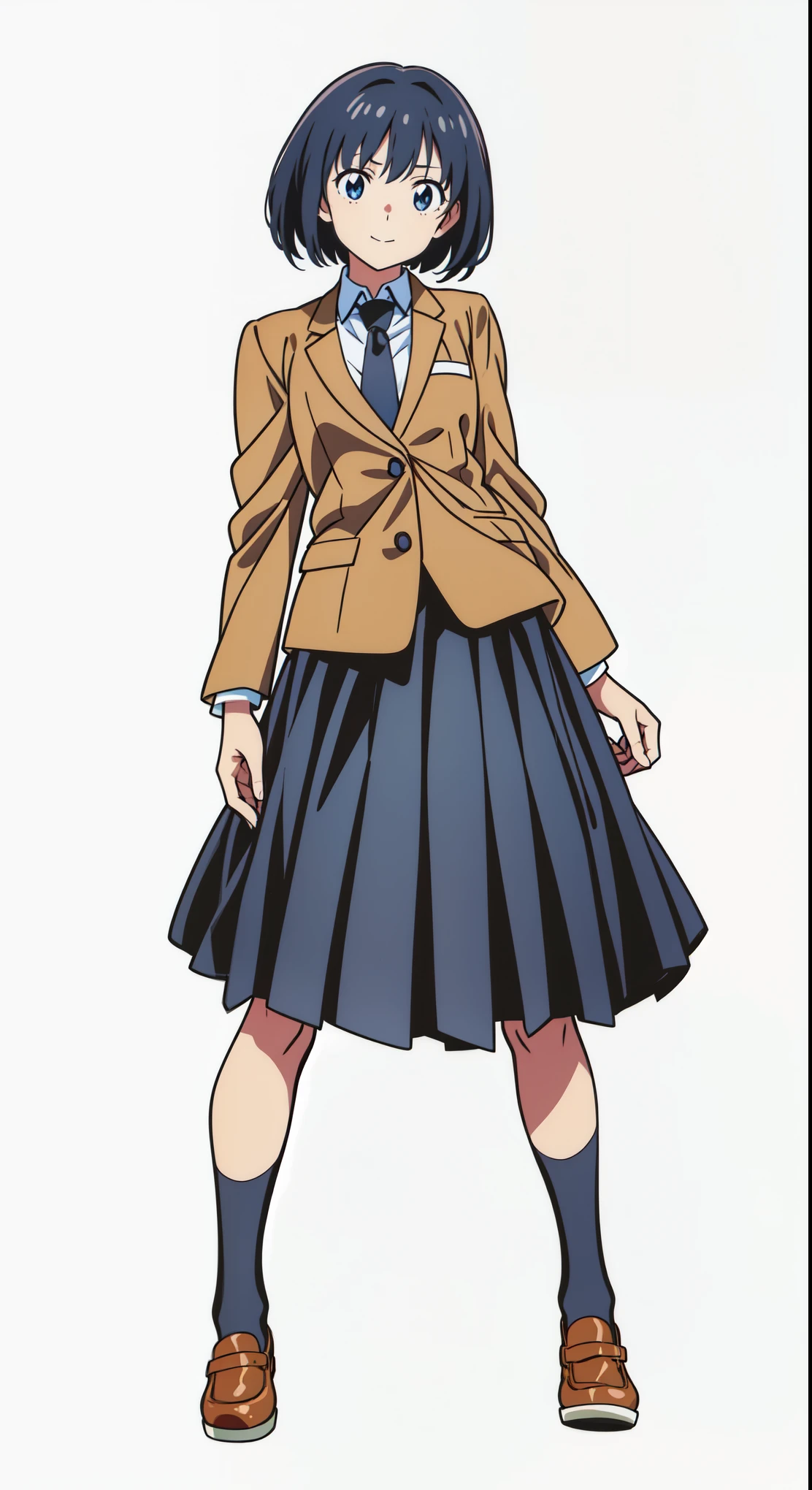 (best quality:1.0), (masterpiece:1.0), (super fine illustration:1.0), (beautiful artwork:1.0), (anime screencap:1.0), (official art:1.0), (tareme:1.5), (best quality:1.0), (masterpiece:1.0), (super fine illustration:1.0), (beautiful artwork:1.0), (anime screencap:1.0), (official art:1.0), (tareme:1.5), (cheerful:1.5), (white background:1.0), (best quality:1.0), (masterpiece:1.0), (super fine illustration:1.0), (beautiful artwork:1.0), (anime screencap:1.0), (official art:1.0), (full body:1.0), (solo:1.0), (HSGA:1.0), (a 18yo cute girl:1.0), (long skirt:1.0), (dark blue skirt:1.0), (pleated skirt:1.0), (school uniform beige blazer:1.0), (dark blue necktie:1.0), (loafers:1.0), (black socks:1.0), (ideal ratio body proportions:1.0), (lanky:1.0), (tall:1.0), (slender:1.0), (small breasts:1.0), (smaller face:1.0), (tareme:1.0), (detailed beautiful eyes:1.0), (detailed beautiful face:1.0), (glowing black eyes:1.0), (bob cut hair:1.0), (black hair:1.0), (standing:1.0), (looking at viewer:1.0)