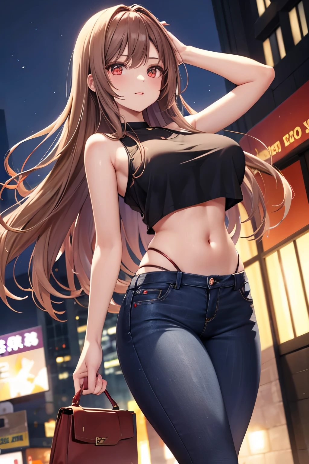 Game , goddess of victory nikke, Rapi , light brown hair,  alluring eyes ,beautiful face , crystal red eyes ,  long hair , women black colour crop top camisole slim fit, short jeans , ,selfie wind, 1 hand bag, cheerful eyes, ,g cup breast, slender waist, bewitching thighs, five fingers each hand, two hand ,two leg , in town, date, standing, beautiful, high heels, night ,light district 