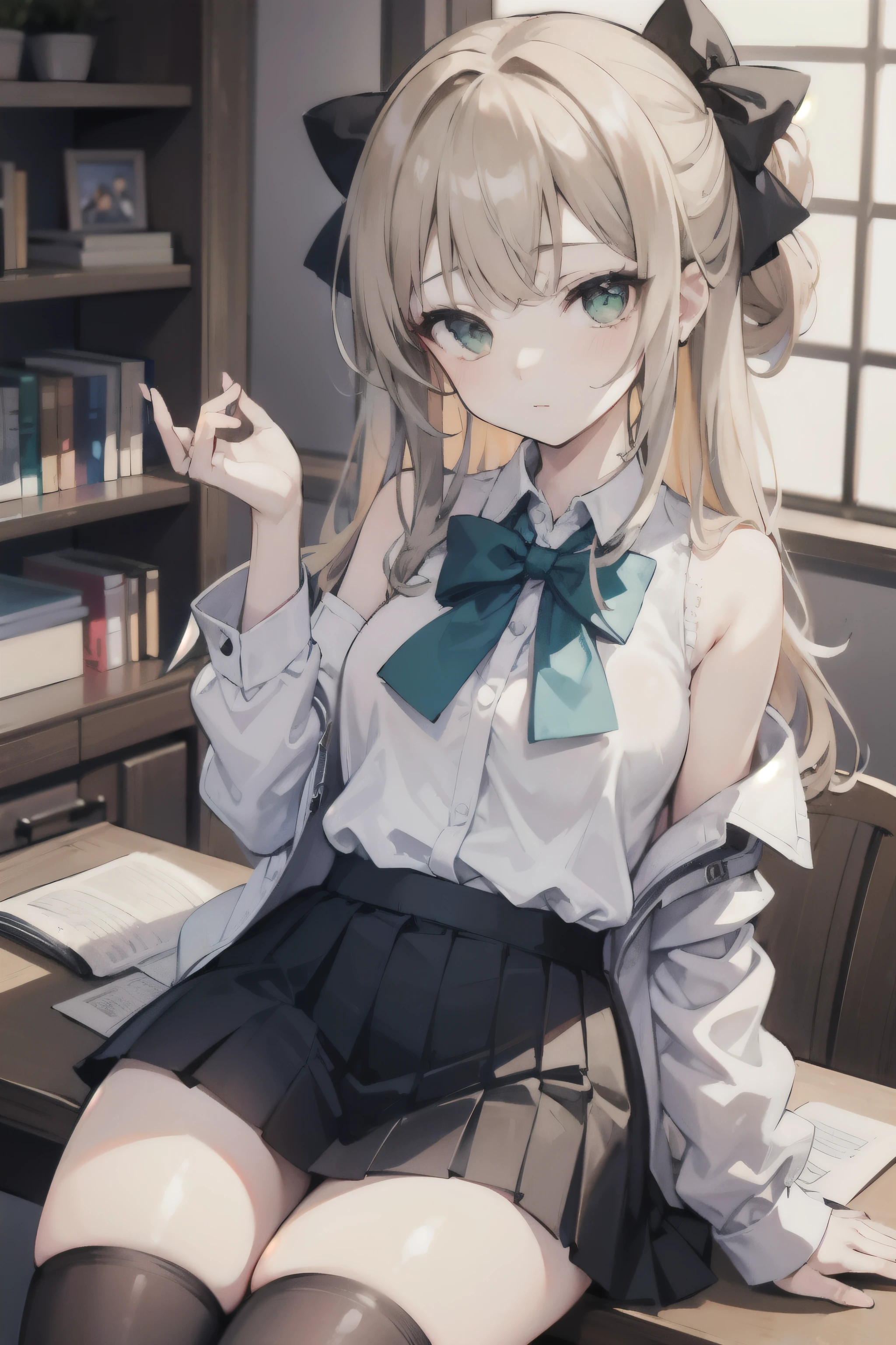 an anime girl sitting on top of a desk, 1girl, solo,  long hair, black skirt, shirt, thighhighs, sleeveless shirt, sitting, sleeveless, pleated skirt, looking at viewer, indoors, off shoulder, collared shirt, open clothes,  ,  black thighhighs,  green eyes,  desk, bowtie, shy, bow,1girl, Cecilia,more_details:-1, more_details:0, more_details:0.5, more_details:1, more_details:1.5