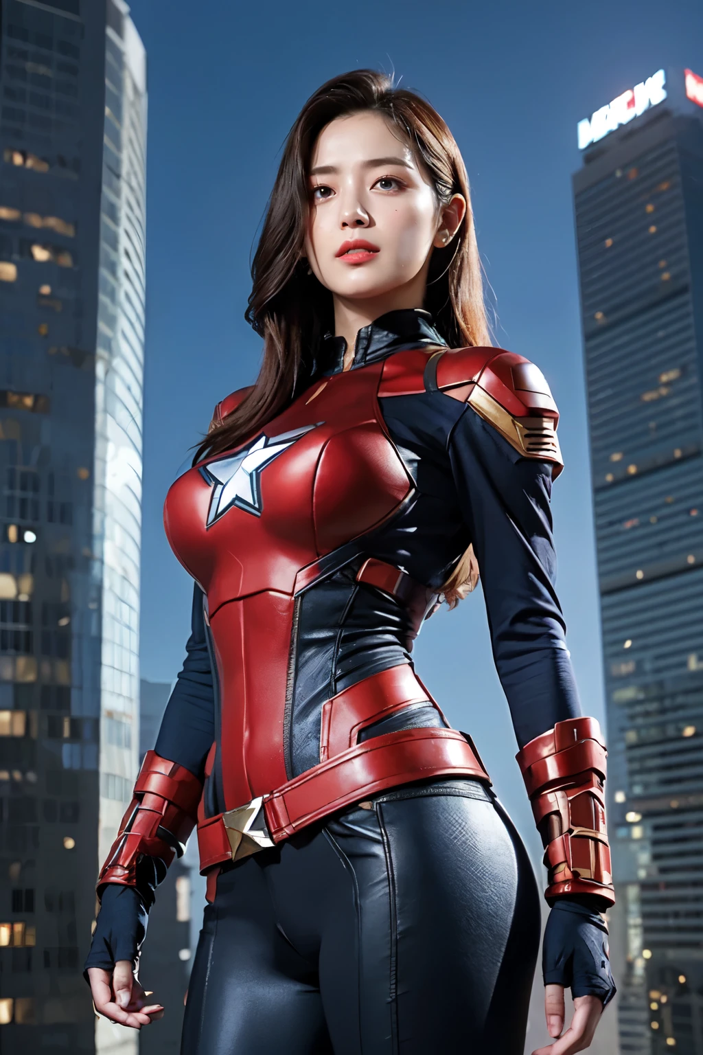 (best quality,ultra-detailed,realistic:1.37), digital illustration, ( woman wearing a Hero marvel costume), detailed eyes and face, beautiful detailed lips, red lips, sexy body, big breasts,long eyelashes, big breasts:1.5, (Close-up photo),  captain america wearing a Marver costume, long hair, bun hairstyle, ((Take a photo from below the thigh)),vibrant colors, dramatic lighting, comic book style,  woman wearing a marvel costume, position:standing, seductive pose, skyscraper background, view dark sky, tall buildings