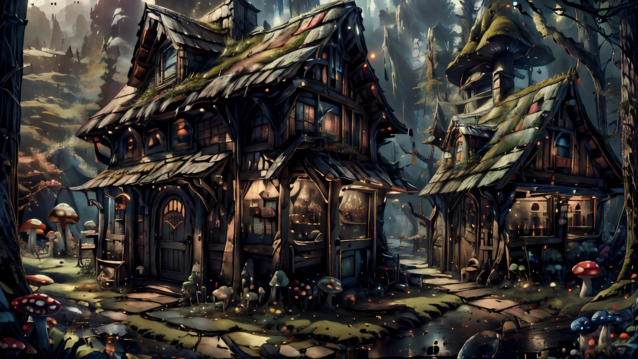 Masterpiece, best quality, 8k, panoramic view, center of the Leprechaun village, Shoe stores, weapons store, a tavern and the large utility store, Lush vegetation and mushrooms make up the scene, fairytale ambiance, harmony of nature, ethereal magic, breathtaking beauty, mysterious wonder.