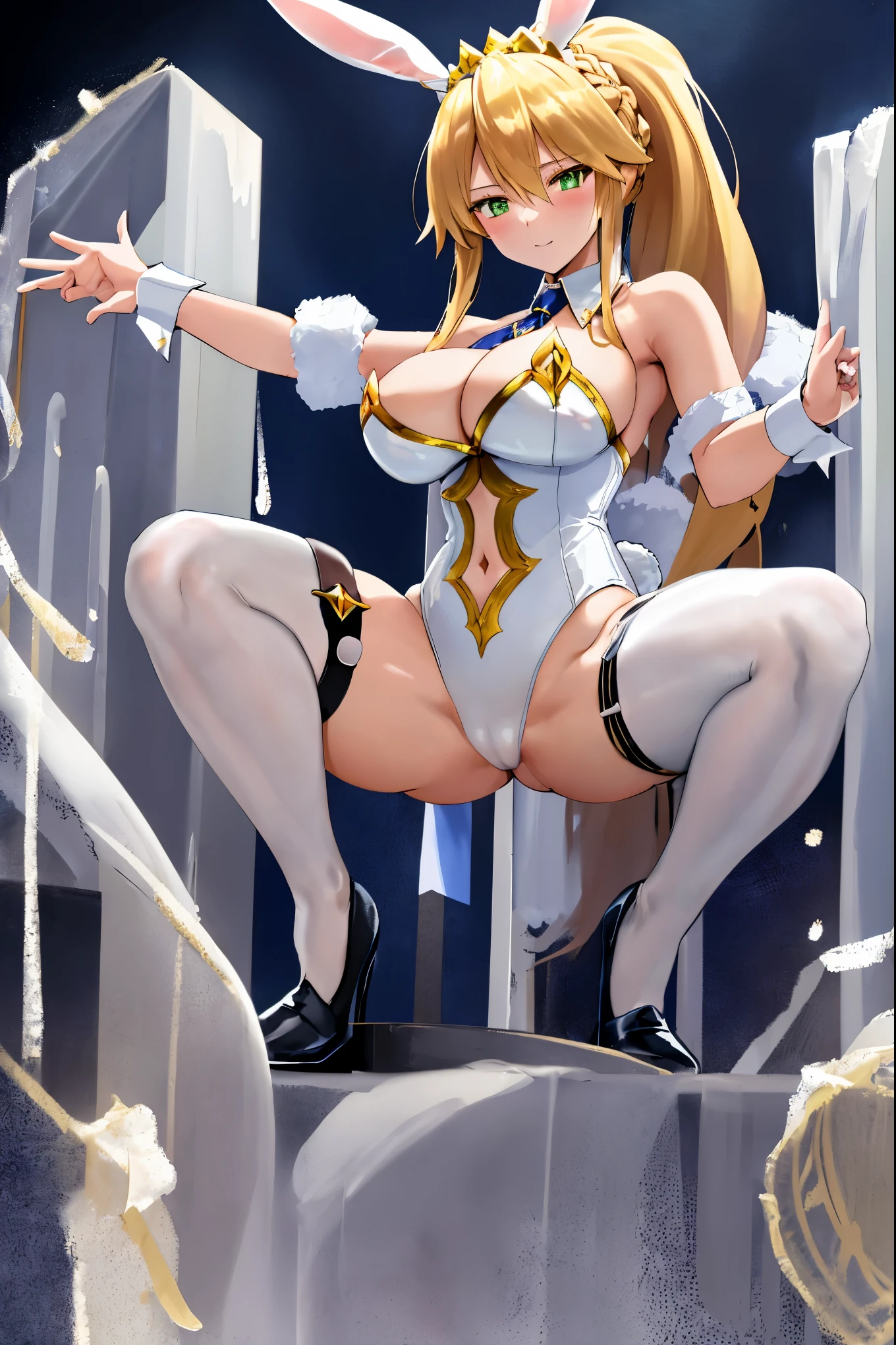 masterpiece, best quality, absurdres, looking at viewer, (light_smile:0.6),
1girl, ahoge, rabbit ears, playboy bunny, artoria pendragon \(swimsuit ruler\) \(fate\), large breasts , blonde hair, green eyes, french braid,  pony tail
bare shoulders, large breasts , cleavage,
clothing cut out, wrist cuffs, detached collar, cutout, feather boa,
white leotard, blue necktie, blue pantyhose, single thigh strap, hands_above_head,(squat:1.3),(spread_legs:1.3),rabbit_pose,solo,stretch_fingertips