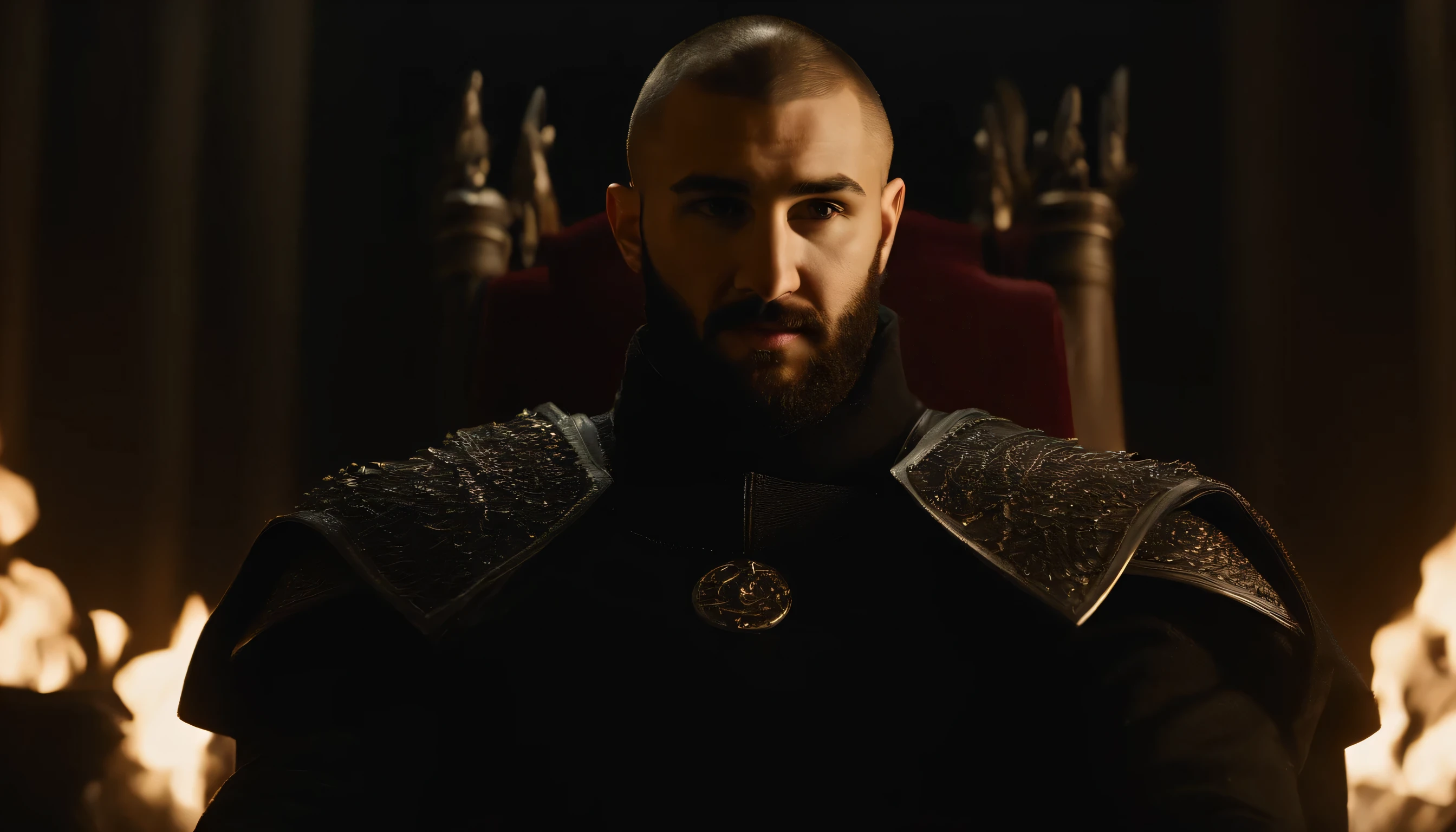 (((cinematic film still of Karim Benzema, beard,sitting on a throne with a sword))), ((sitting)), (((((game of throns))))), (((dragon backround))), (explosion,fire:1.2), (smoke:1.4), (RTX) cinematic film shot in 70mm, depth of field, vivid colors, (best quality,ultra-detalhado,Realistic:1.37), (8k, ARTISTIC photography, best quality, masterpiece: 1.2), (realistic, photorealistic:1.37), over-detailed, (high-detail skin: 1.2), 8k UHD, SLR camera, soft lighting, high quality, film grain, cinematic lighting, photonic display, brightness, physically rendered photo, (dynamic pose ), extremely high-quality graphics, over-detailed face, (((cinematic lighting))), ((clear details)),