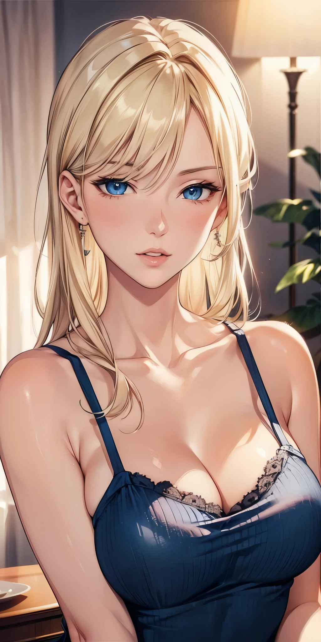 portrait, realistic, blue eyes, blonde hair, big breast, 4k resolution, high quality cg, beautiful cg, soft light, 