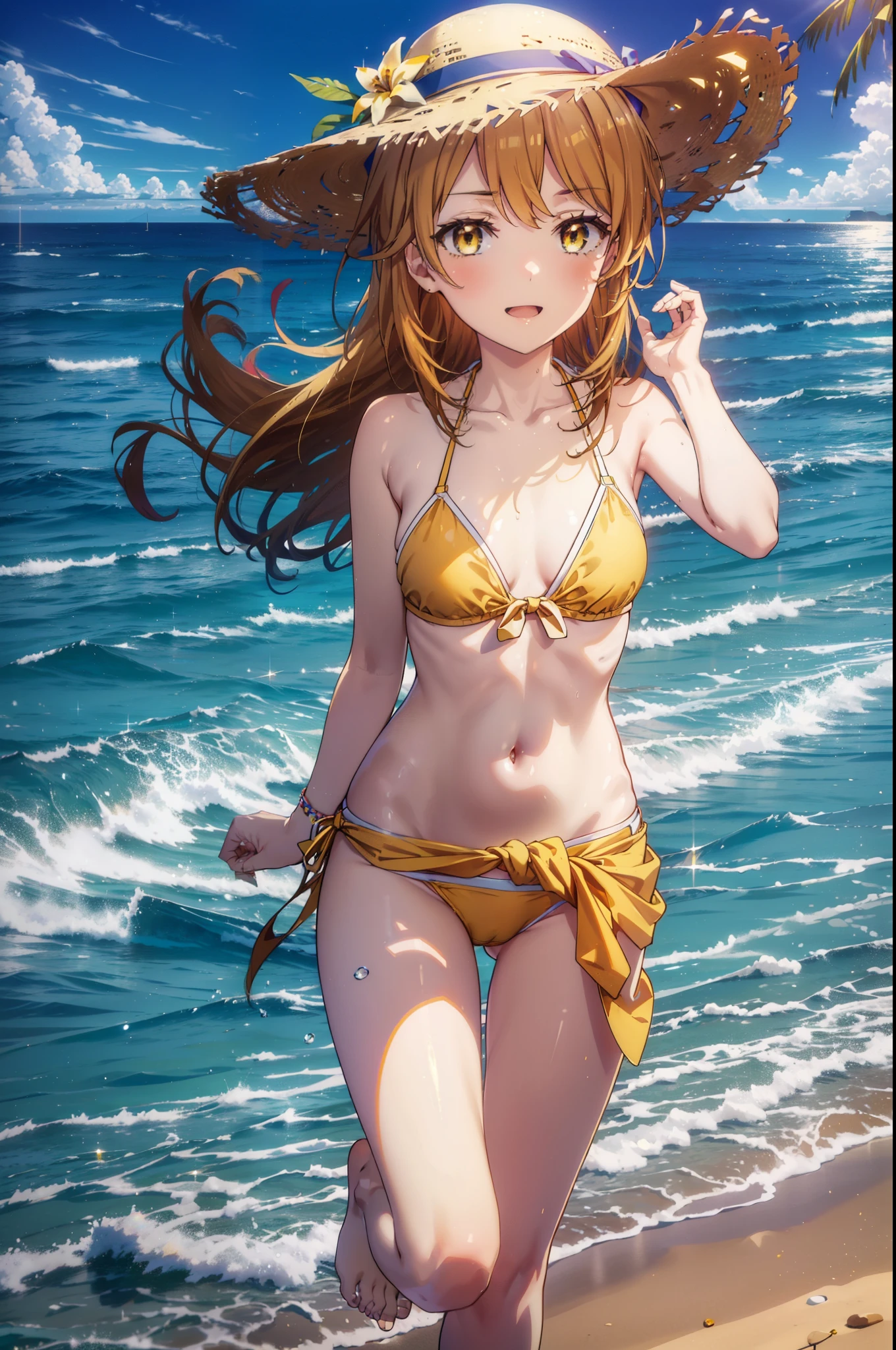 irohaisshiki, iroha isshiki, long hair, brown hair, (brown eyes:1.5), medium chest,happy smile, smile, open your mouth,smile,big straw hat,yellow bikini swimsuit,naked belly,A thin, long yellow blanket is wrapped around his waist., barefoot,barefoot, beach outfit,real summer,Palm tree, 砂浜
break outdoors, beach,
break looking at viewer,
break (masterpiece:1.2), highest quality, High resolution, unity 8k wallpaper, (figure:0.8), (detailed and beautiful eyes:1.6), highly detailed face, perfect lighting, Very detailed CG, (perfect hands, perfect anatomy),