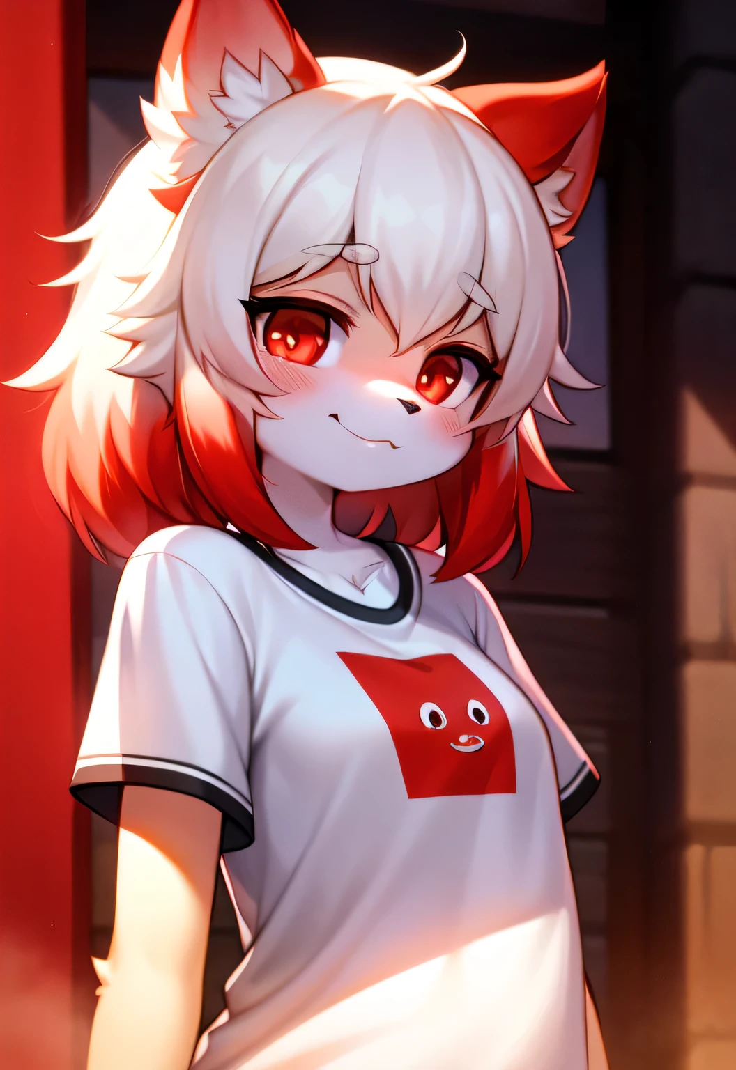 (Best quality at best, A high resolution, ultra - detailed), hairy pubic, White fur, super cute faces, Red elements on the fur, Glowing T-shirt, Beautiful lights and shadows, ambient lights, Ultra-fine fur, Volumetriclighting