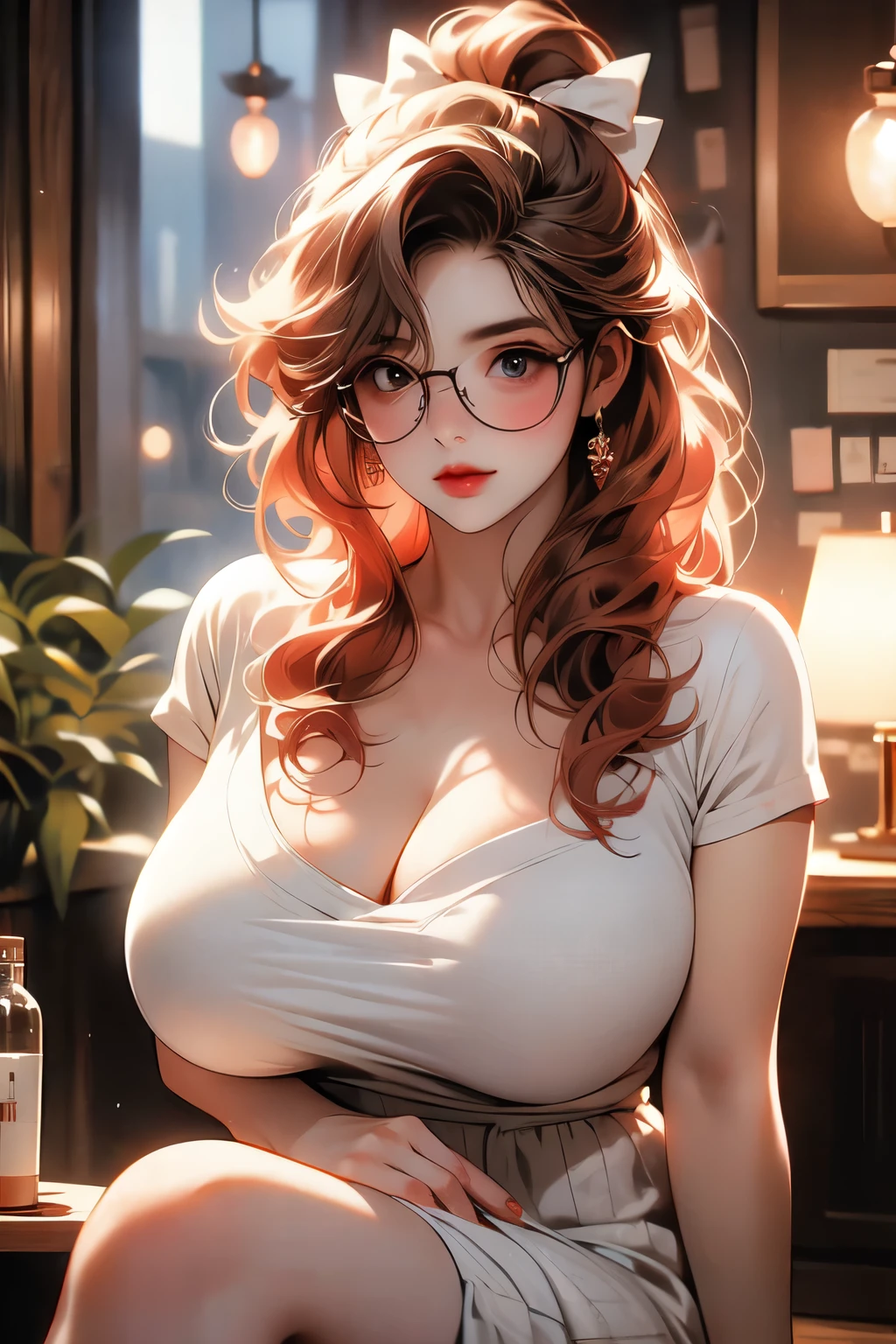 A photo of a young, nerdy woman sitting in a caf, wearing a white shirt and a bow, surrounded by a cozy atmosphere, looking at the viewer.
short red hair, slender, red lips, transparent fabric, flirting with the camera, Huge breasts, CLeavage, massive saggy breasts, no bra