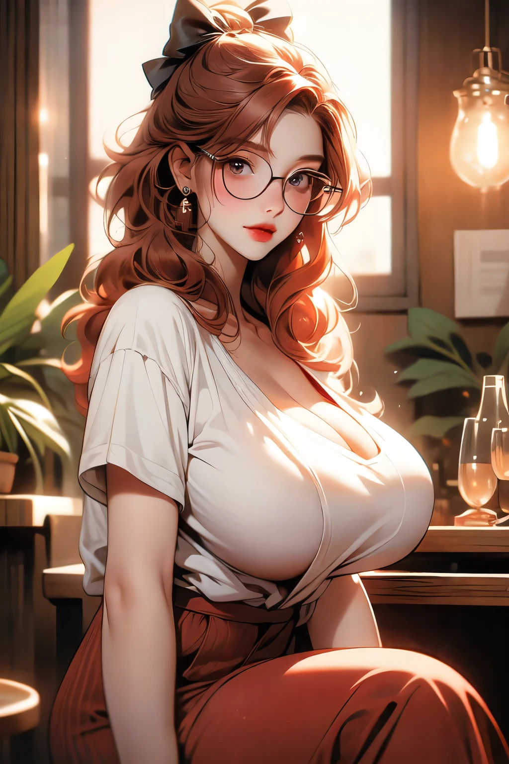 A photo of a young, nerdy woman sitting in a caf, wearing a white shirt and a bow, surrounded by a cozy atmosphere, looking at the viewer.
short red hair, slender, red lips, transparent fabric, flirting with the camera, Huge breasts, CLeavage, massive saggy breasts, no bra