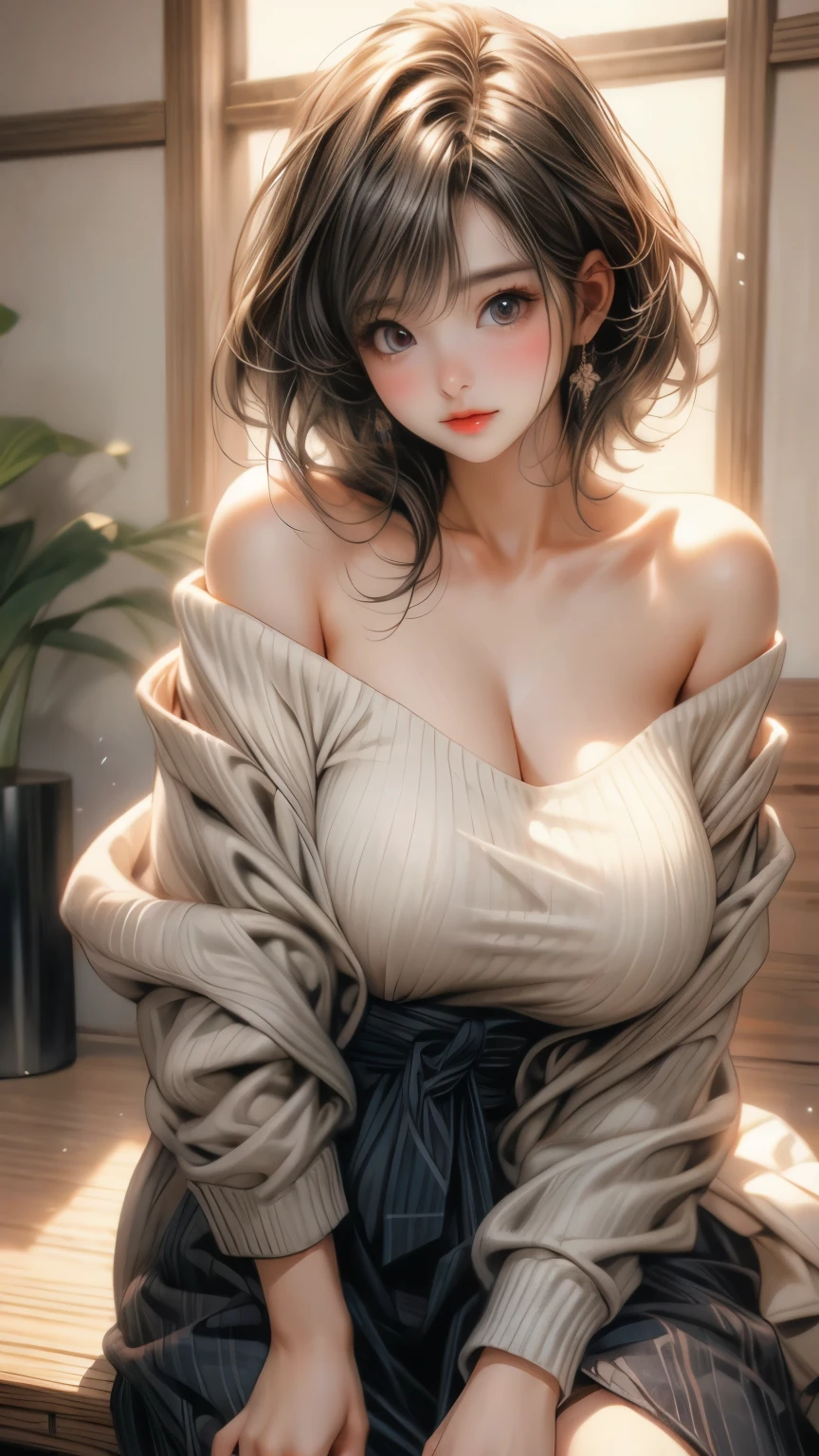 japanese girl,  off_shoulder sweater, suggestive,(medium hair:1), huge heavy breasts, Huge saggy breasts