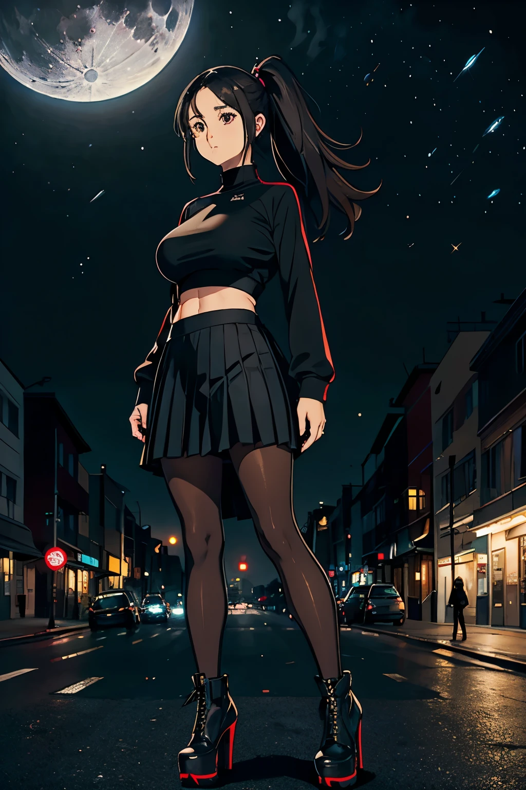 A girl with big breasts, wide hips, wearing leggings and a pleated skirt, high heels, a black sports top with long sleeves, long black hair tied in a ponytail, bright brown eyes, on a random street on a moonlit night, body photo whole,
