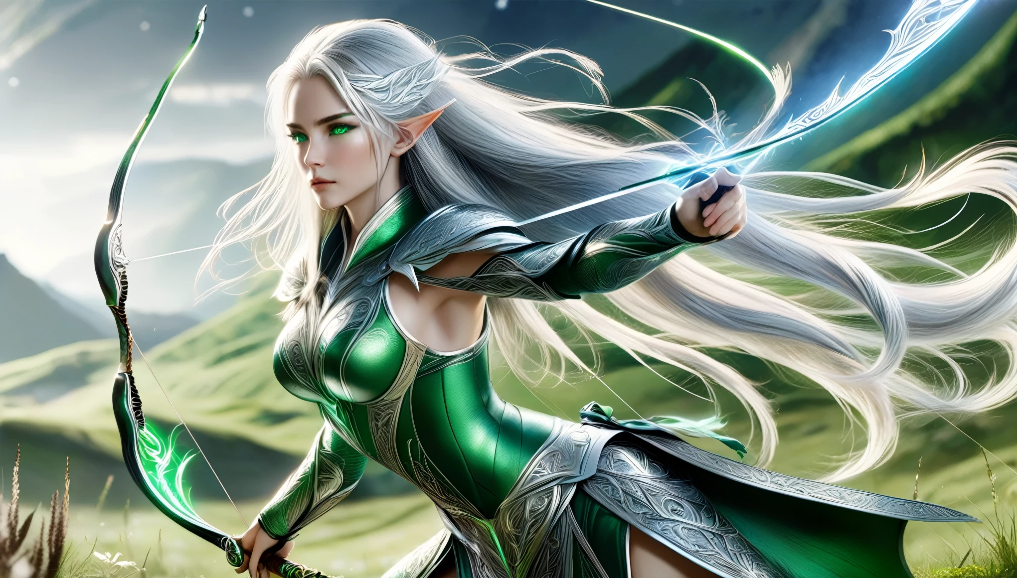 (master piece), 8k, best quality, panoramic view, full body view, with slightly flushed white skin, subtly contrasting with her long, silver hair. Her body was slender and athletic, with a height of 168cm that gave her a natural elegance. Her green eyes, conservatively detailed warrior outfit, holding the war bow with rune writing