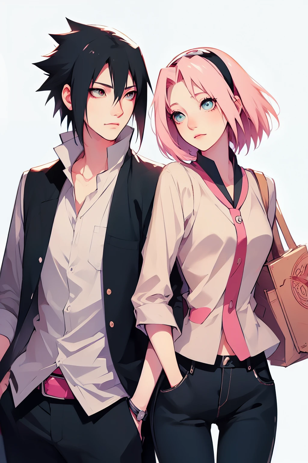 sasusaku. Sasuke Uchiha, a tall man with black hair, wearing a white blouse and jeans, is a high school student, with his hands in his pockets. Sakura, a thin woman with pink hair, she is after Sasuke, she is a rebel. best quality, adorable, ultra-detailed, illustration, complex, detailed, extremely detailed, detailed face, soft light, soft focus, perfect face. In love, illustration. two people, couple