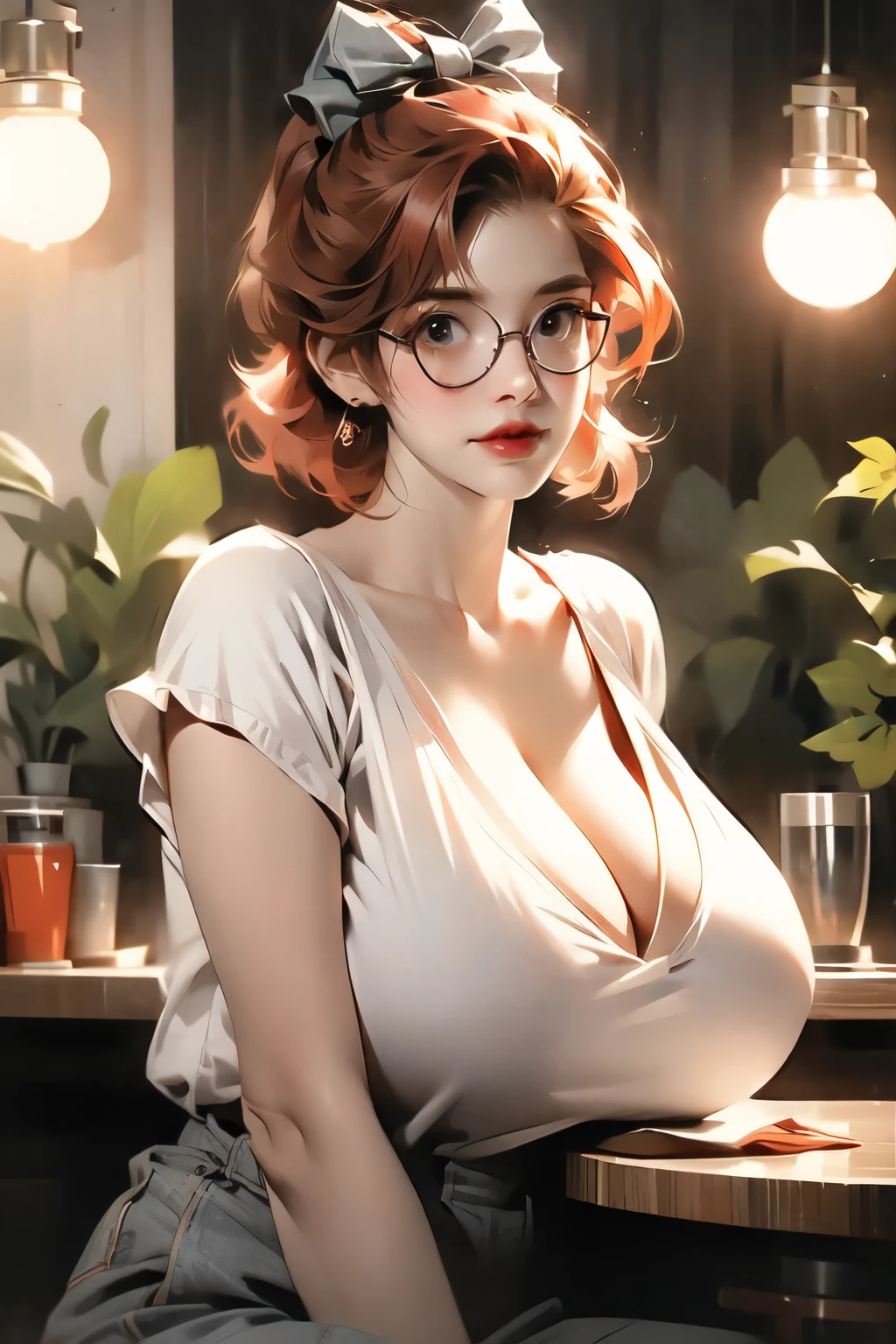 A photo of a young, nerdy woman sitting in a caf, wearing a white shirt and a bow, surrounded by a cozy atmosphere, looking at the viewer.
short red hair, slender, red lips, transparent fabric, flirting with the camera, Huge breasts, CLeavage, massive saggy breasts, no bra