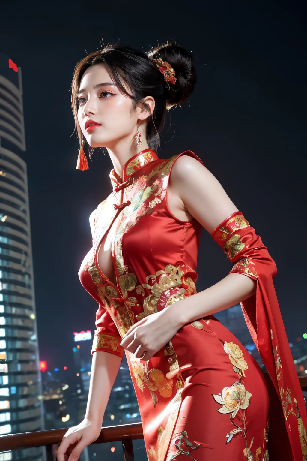 (best quality,ultra-detailed,realistic:1.37), digital illustration, ( woman wearing a chinese traditional costume), detailed eyes and face, face make up douyin, beautiful detailed lips, red lips, sexy body, big breasts,long eyelashes, big breasts:1.5, (Close-up photo),  captain america wearing a chinese traditional costume, long hair, bun hairstyle, ((Take a photo from below the thigh)),vibrant colors, dramatic lighting, comic book style,  woman wearing a chinese costume, position:standing, seductive pose, skyscraper background, view dark sky, tall buildings