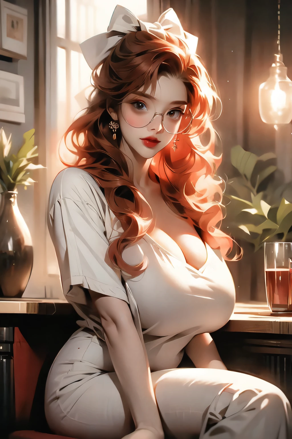 A photo of a young, nerdy woman sitting in a caf, wearing a white shirt and a bow, surrounded by a cozy atmosphere, looking at the viewer.
short red hair, slender, red lips, transparent fabric, flirting with the camera, Huge breasts, CLeavage, massive saggy breasts, no bra