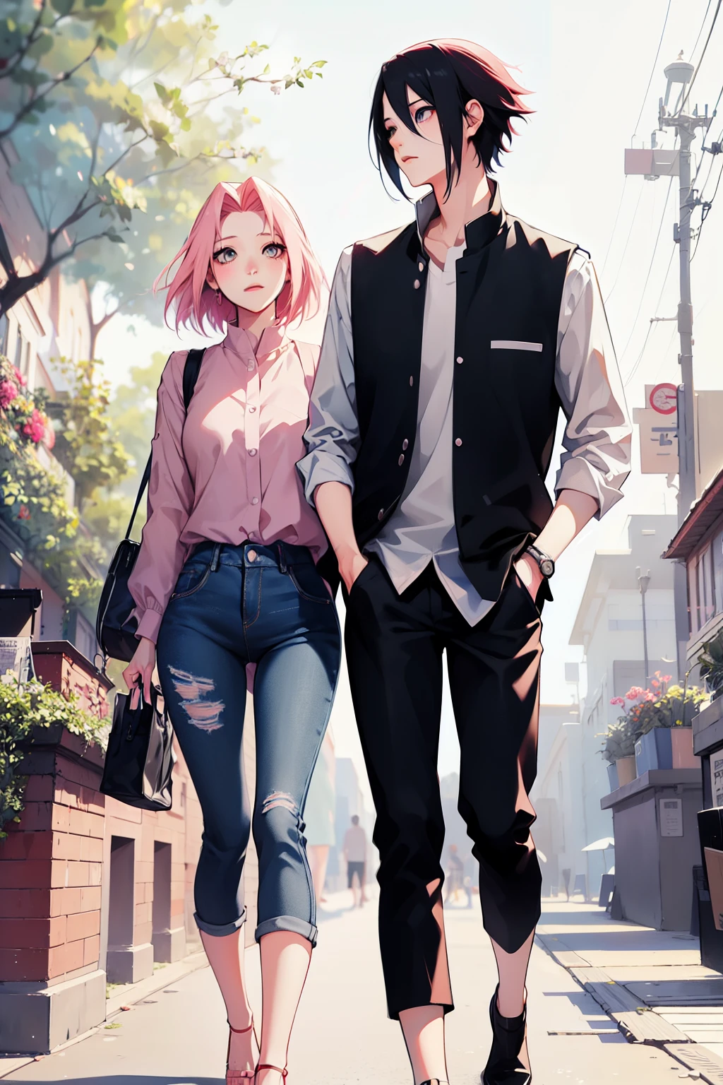 sasusaku. Sasuke Uchiha, a tall man with black hair, wearing a white blouse and jeans, is a high school student, with his hands in his pockets. Sakura, a thin woman with pink hair, she is after Sasuke, she is a rebel. best quality, adorable, ultra-detailed, illustration, complex, detailed, extremely detailed, detailed face, soft light, soft focus, perfect face. In love, illustration. two people, couple