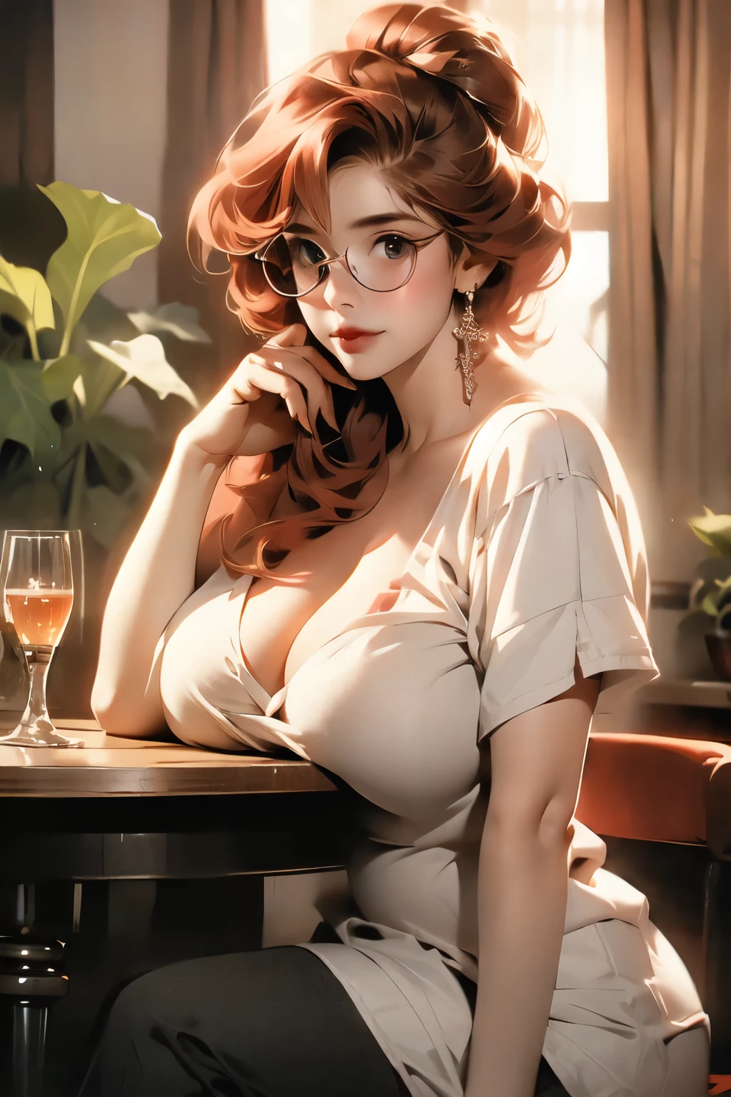 A photo of a young, nerdy woman sitting in a caf, wearing a white shirt and a bow, surrounded by a cozy atmosphere, looking at the viewer.
short red hair, slender, red lips, transparent fabric, flirting with the camera, Huge breasts, CLeavage, massive saggy breasts, no bra