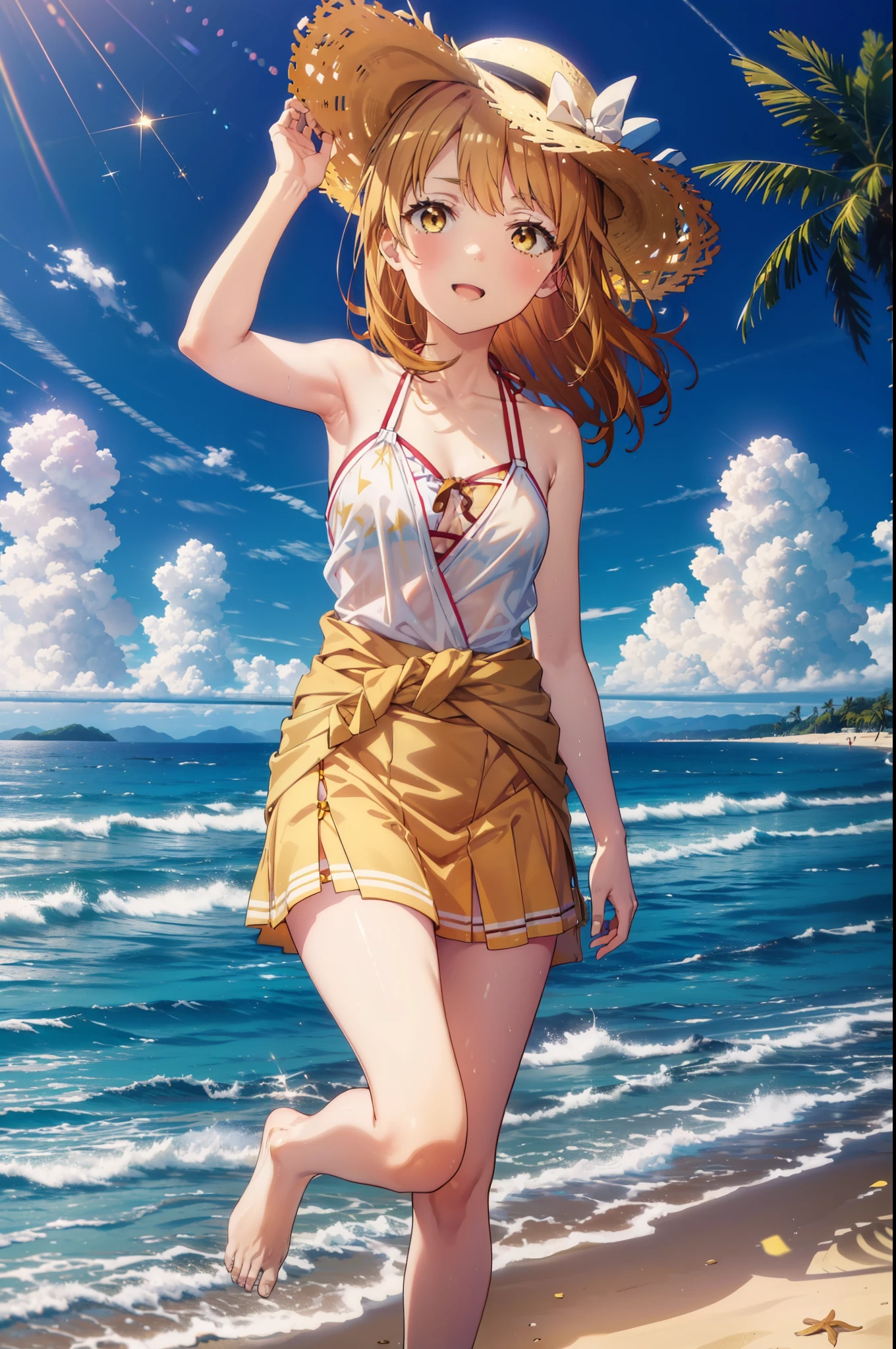 irohaisshiki, iroha isshiki, long hair, brown hair, (brown eyes:1.5), medium chest,happy smile, smile, open your mouth,smile,big straw hat,yellow bikini swimsuit,naked belly,A pale yellow long blanket skirt is tied around her waist., barefoot,barefoot, beach outfit,real summer,Palm tree, 砂浜
break outdoors, beach,
break looking at viewer,
break (masterpiece:1.2), highest quality, High resolution, unity 8k wallpaper, (figure:0.8), (detailed and beautiful eyes:1.6), highly detailed face, perfect lighting, Very detailed CG, (perfect hands, perfect anatomy),