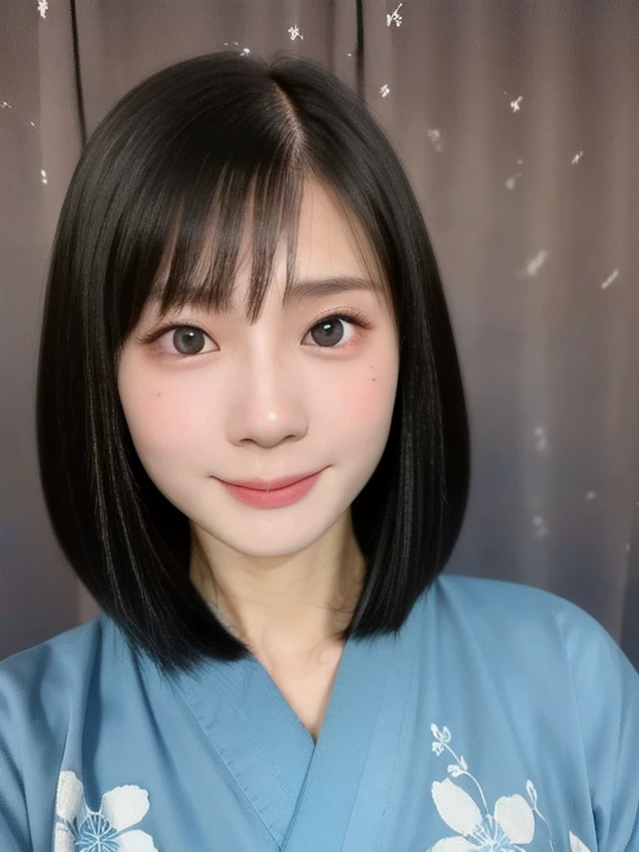 (kawaii 24 year-old Japanese girl, Nogizaka idol, Korean idol), (glossy black hair, medium bob cut:1.3), (extra rounded face, forehead, single eyelid, no makeup, soft smiling:1.2), (well shaped whitened teeth:0.7), (wearing light blue Kimono, Japanese traditional cloth, cute floral patterned:1.3), well shaped extra small breasts, (looking at viewer:1.2), BREAK, (simple outdoor background:1.2), (portrait, id photo, view from straight forward:1.3), BREAK, (masterpiece, best quality, photo realistic, official art:1.4), (UHD, 8K quality wallpaper, high resolution, raw photo, film grain:1.2), (shiny skin), professional lighting, physically based rendering, award winning, (perfect anatomy, highly detailed skin, extremely detailed face and eyes, well drawn glittering pupils), Carl Zeiss 85 mm F/1.4, depth of field, 1girl, solo,